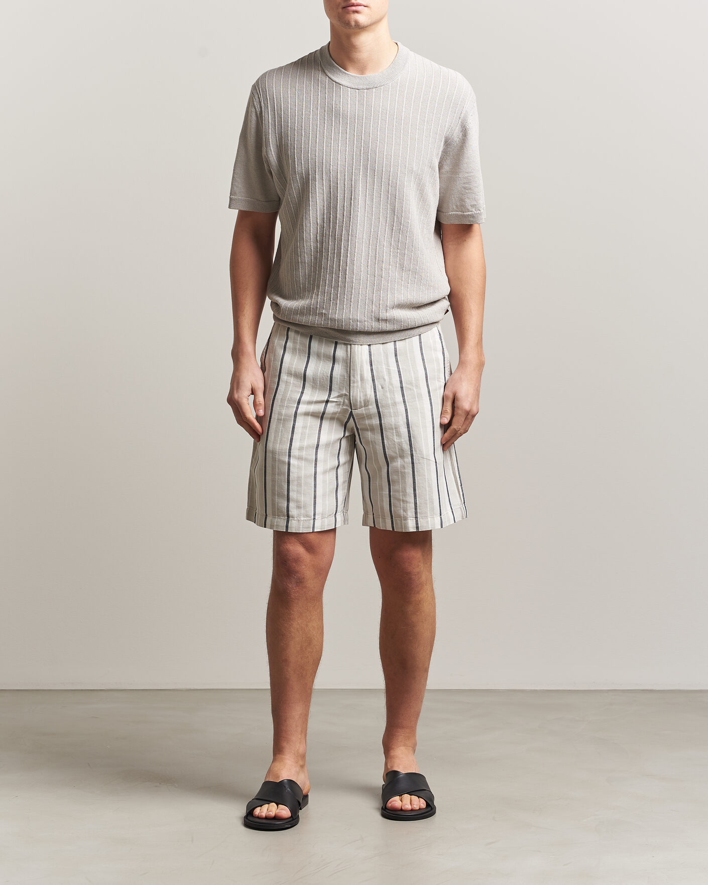 Uomini | Pantaloncini | BOSS ORANGE | Linen/Cotton Striped Drawstring Shorts Open Grey