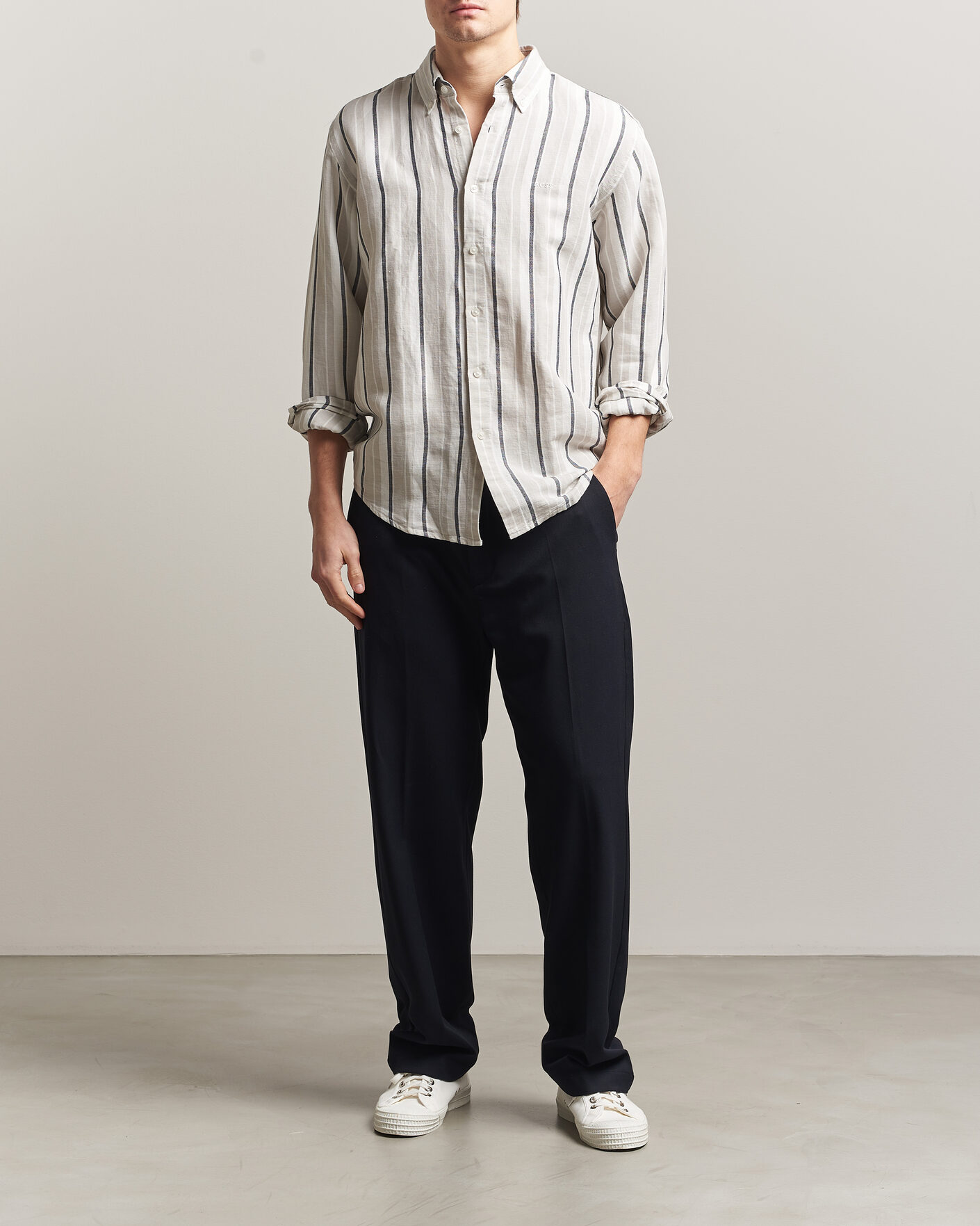 Uomini | Camicie | BOSS ORANGE | Ricoplus Linen/Cotton Striped Shirt Beige
