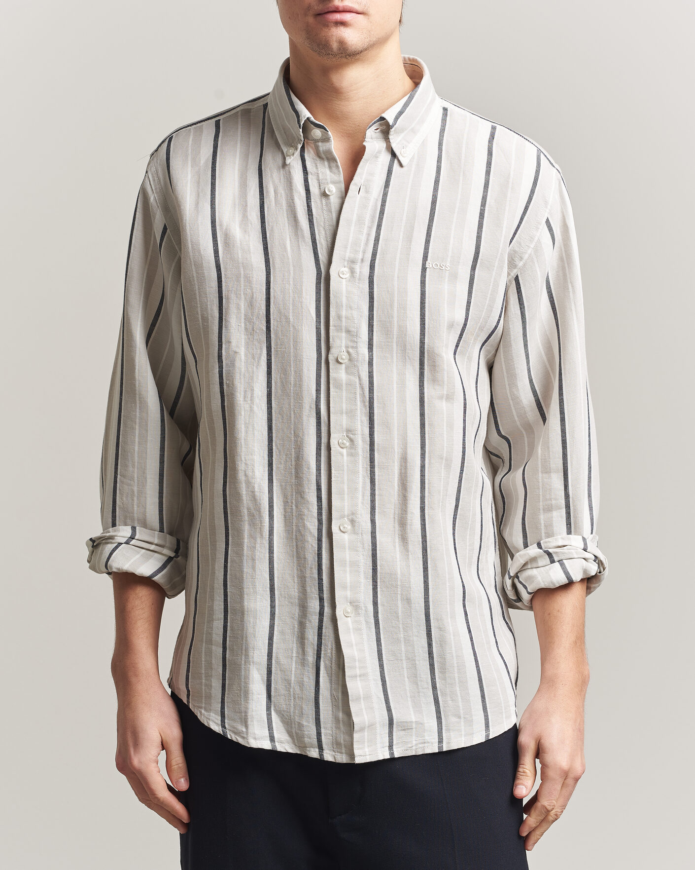 Uomini | Camicie | BOSS ORANGE | Ricoplus Linen/Cotton Striped Shirt Beige