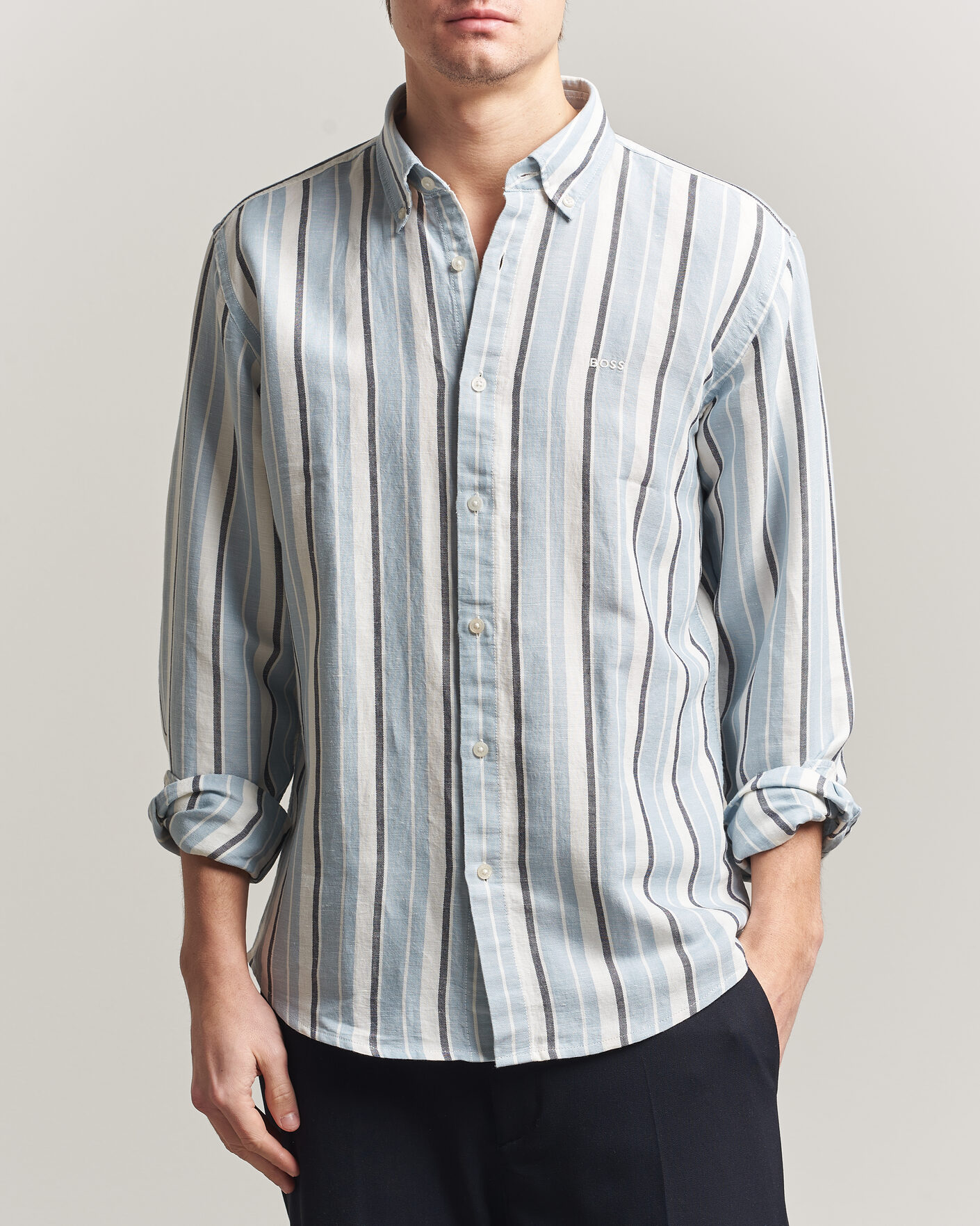 Uomini | Camicie | BOSS ORANGE | Ricoplus Linen/Cotton Striped Shirt Light Blue