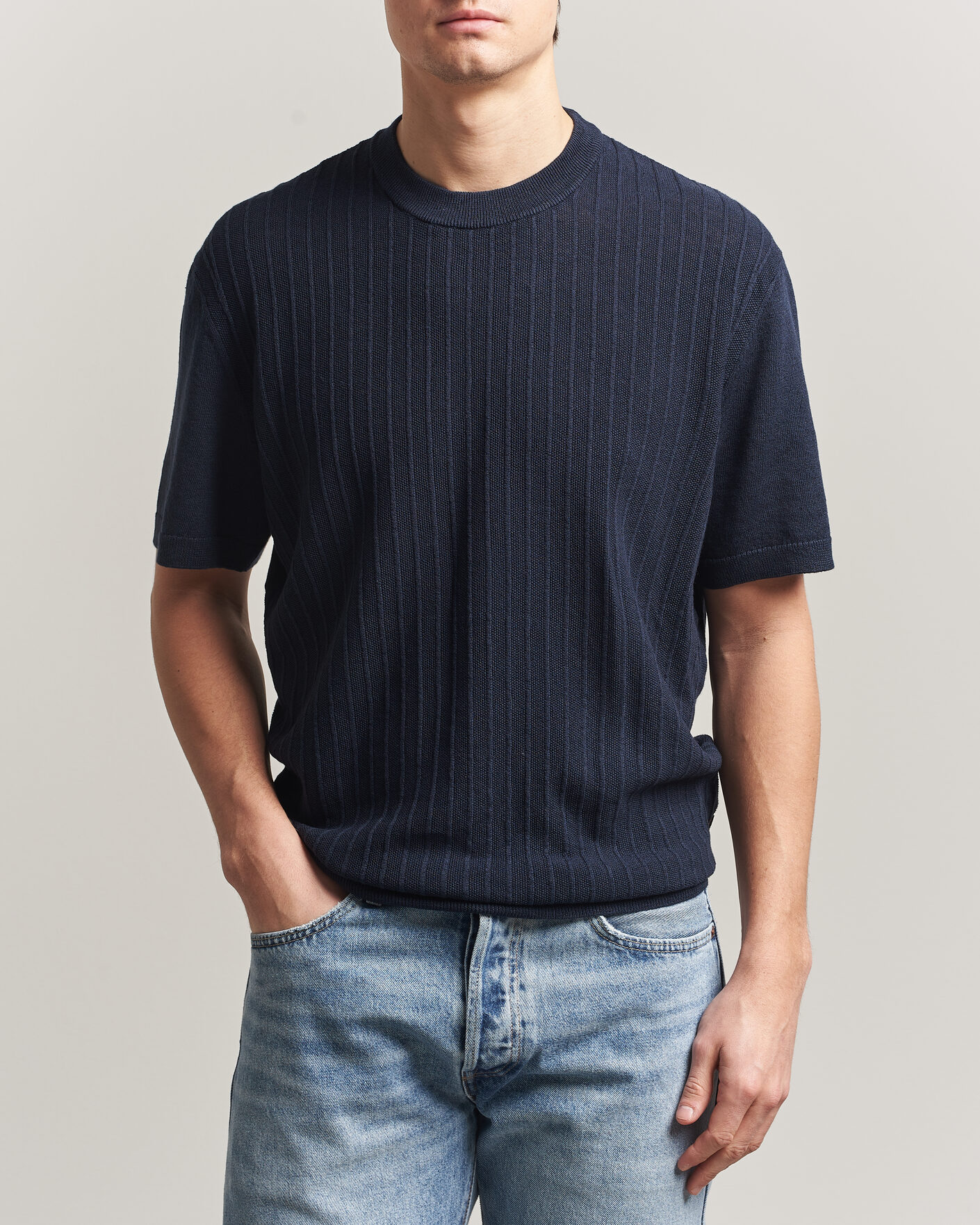 Uomini | T-shirt | BOSS ORANGE | Kajordino Linen/Cotton Knitted T-Shirt Dark Blue