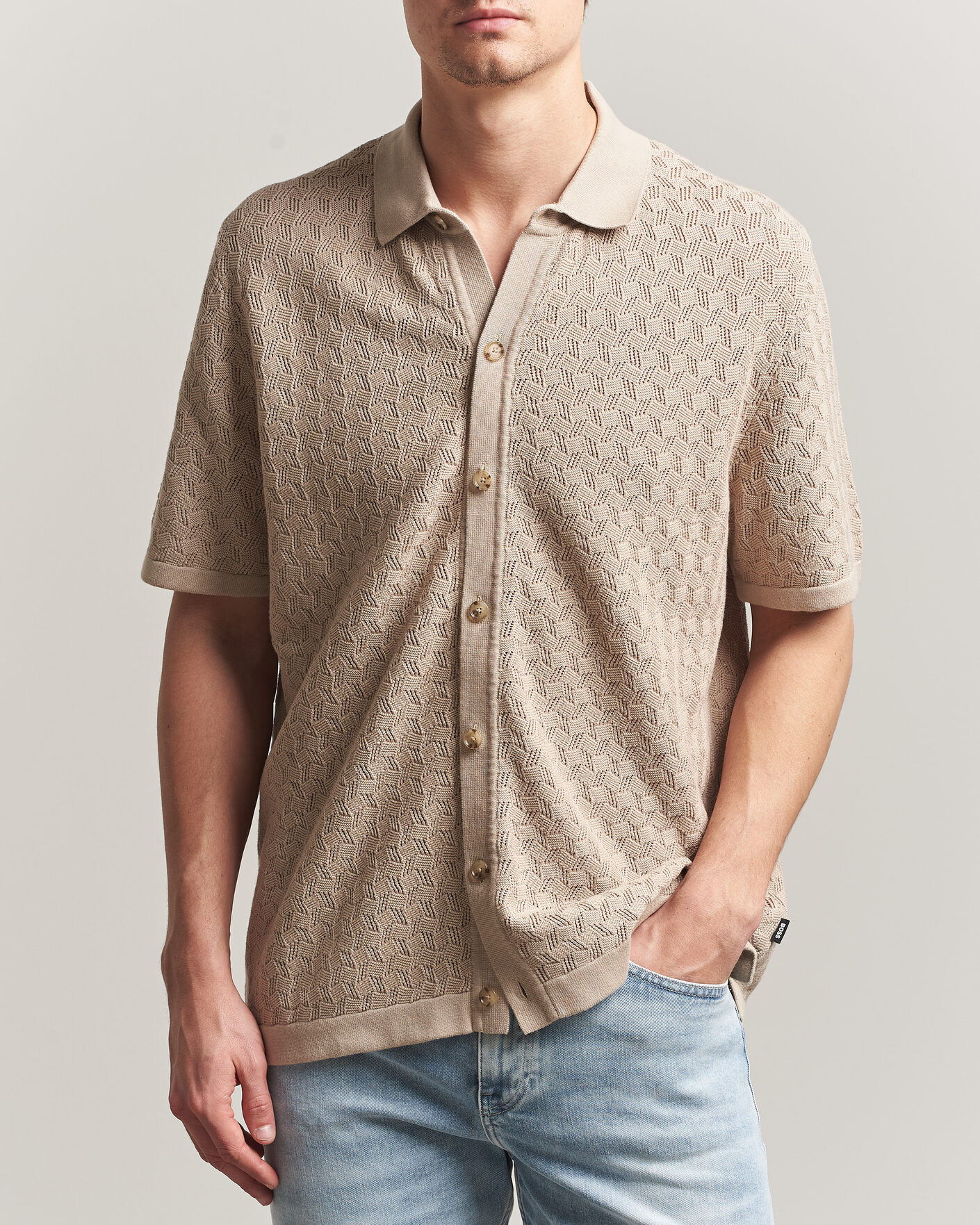 Uomini | Camicie | BOSS BLACK | Nappo Knitted Short Sleeve Shirt Open Beige