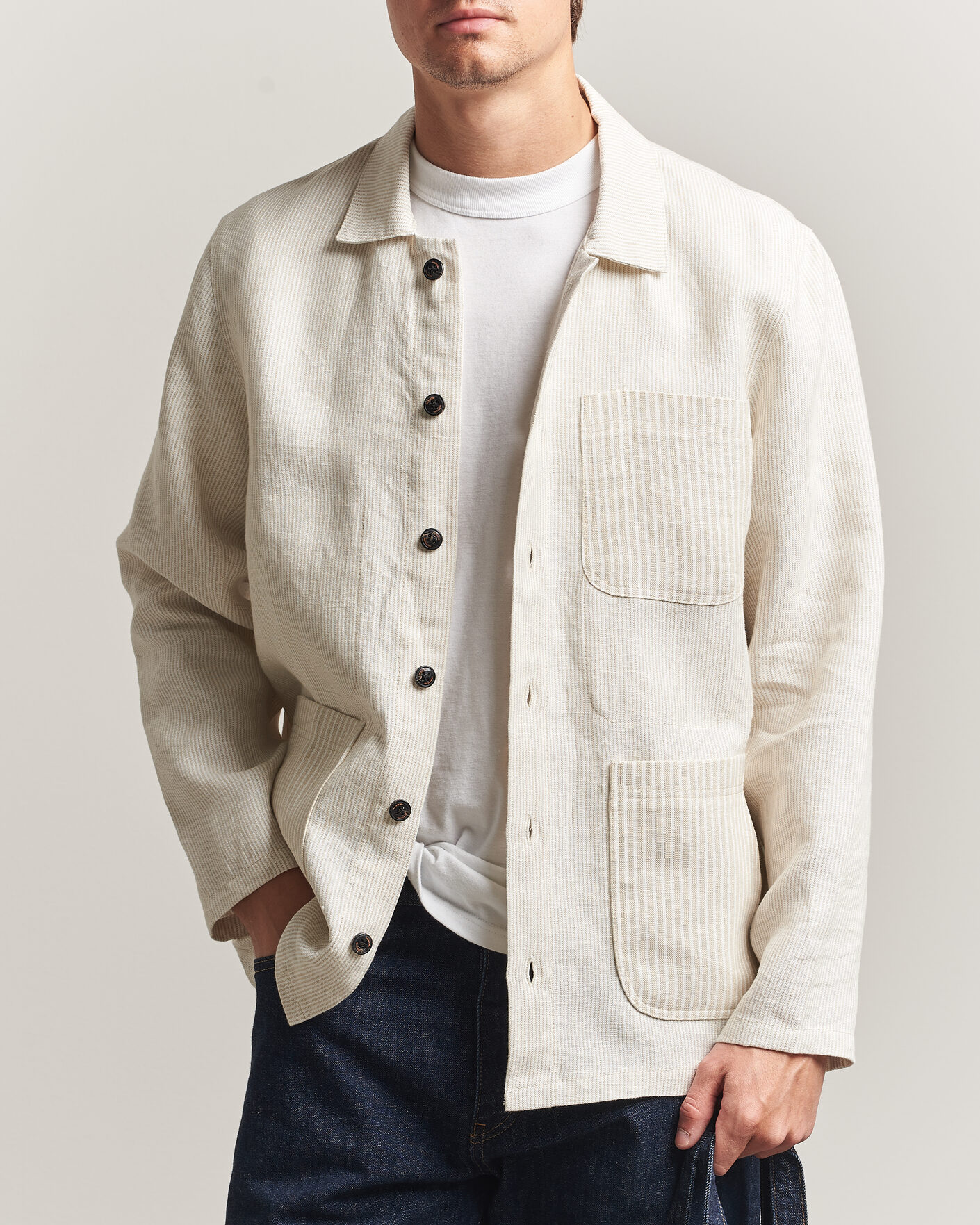 Uomini | Camicie | Peregrine | Windsor Linen Shacket Beige Stripe