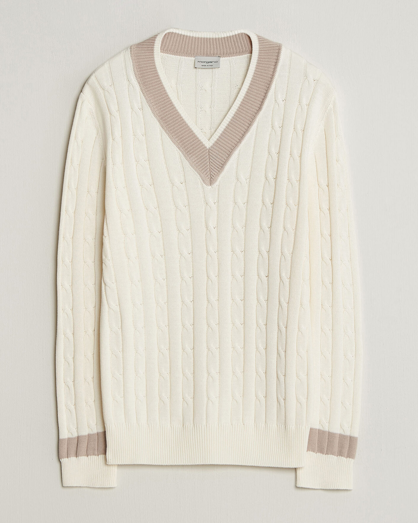 Uomini | Maglieria | Morgano | Cable Knitted Cotton V-Neck White/Beige