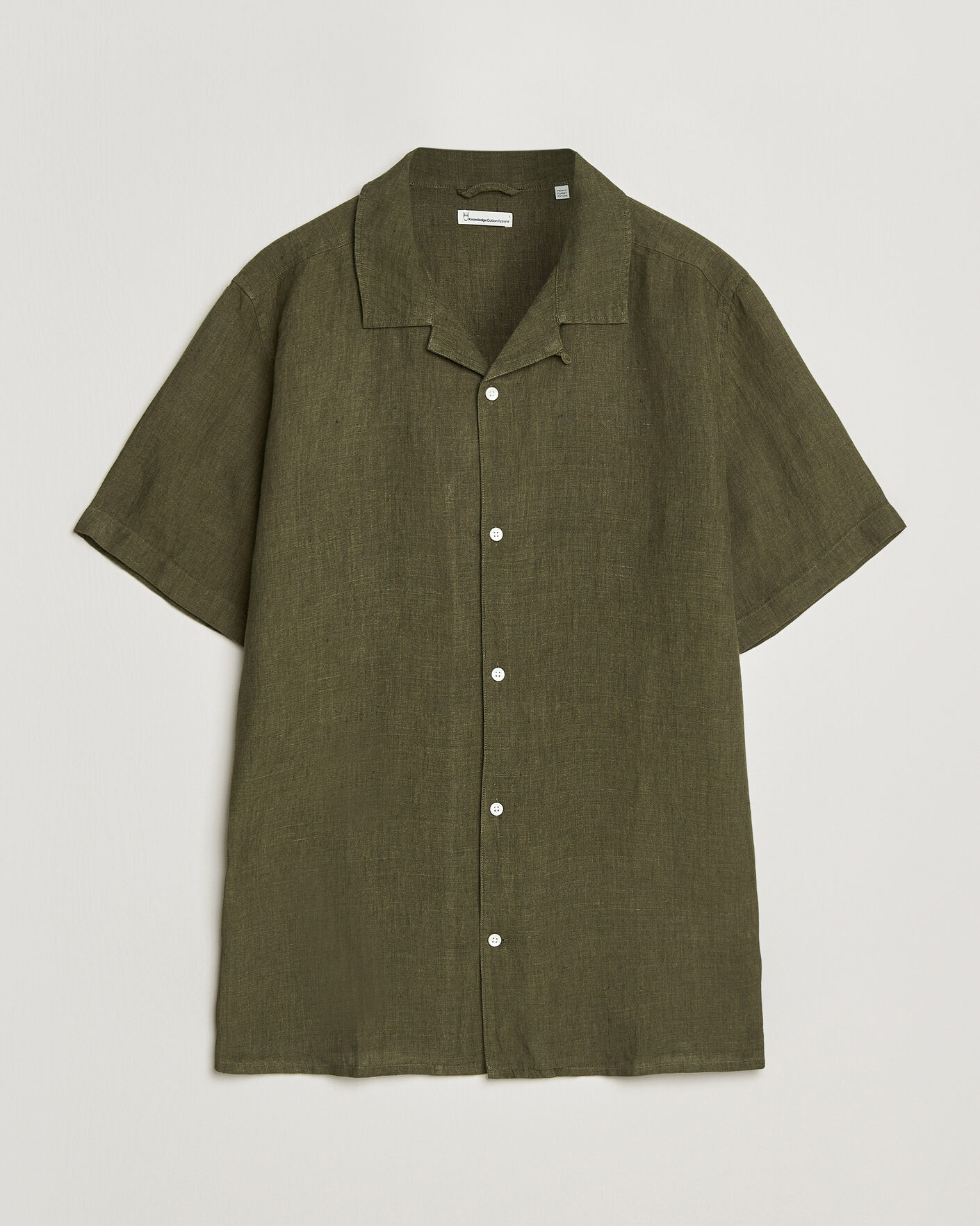 Uomini | Camicie | KnowledgeCotton Apparel | Short Sleeve Linen Resort Shirt Burnt Olive