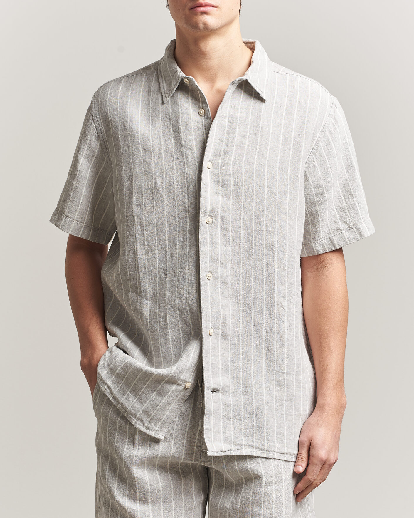 Uomini | Camicie | KnowledgeCotton Apparel | Striped Linen Resort Shirt Grey