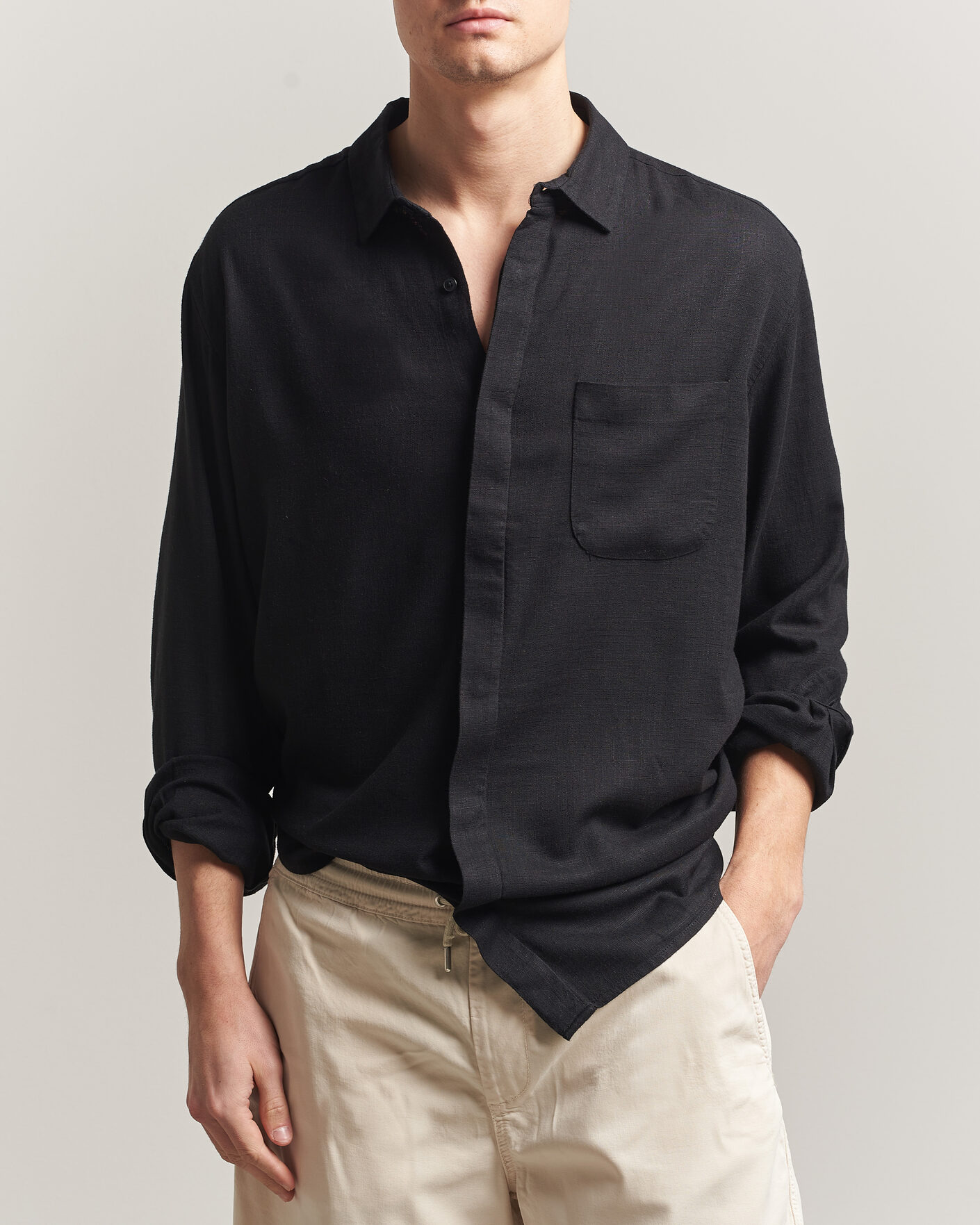Uomini | Camicie | KnowledgeCotton Apparel | Linen/Lycell Relaxed Long Sleeve Shirt Black