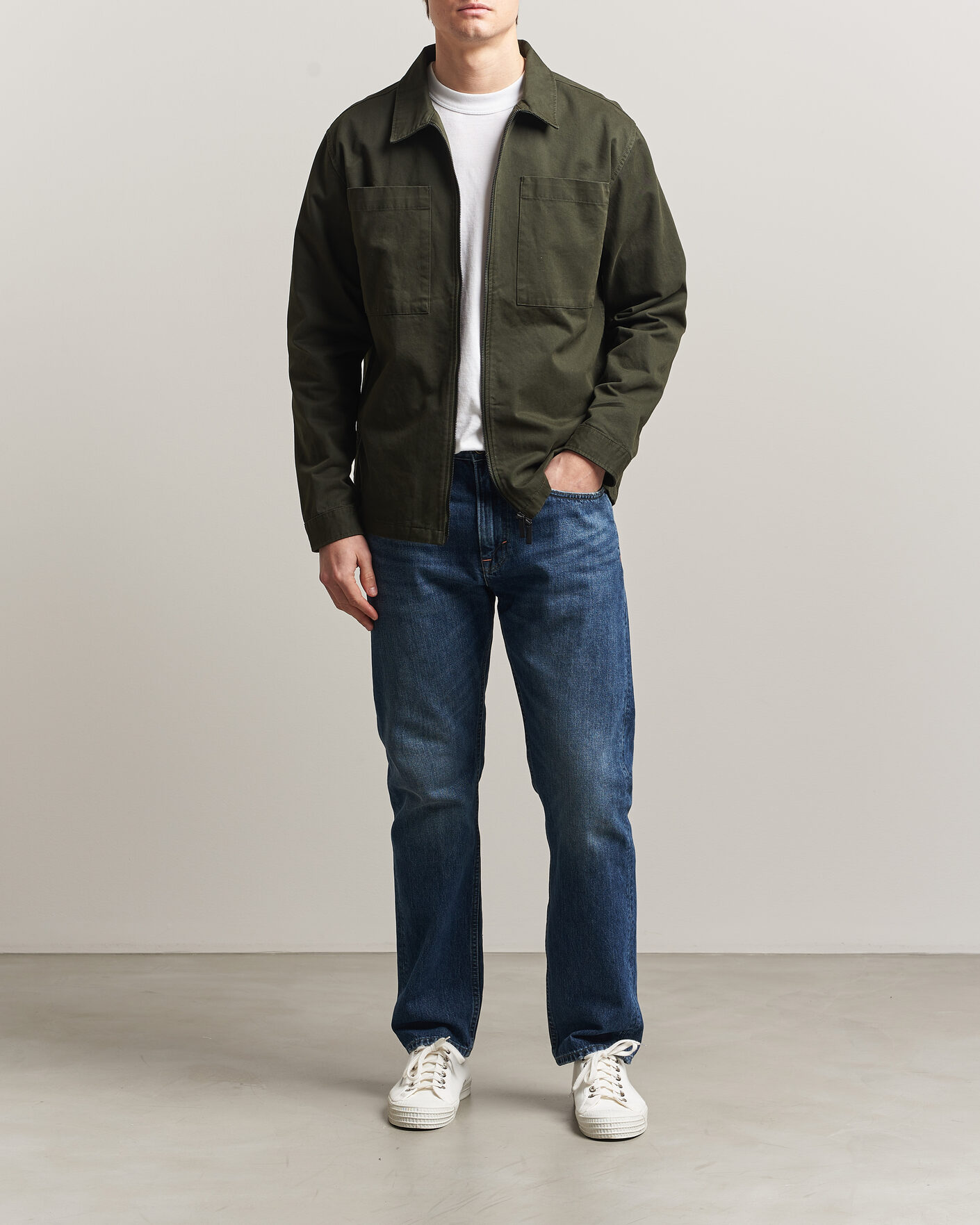 Uomini | Camicie | KnowledgeCotton Apparel | Cotton Twill Stretch Zip Overshirt Forest Night