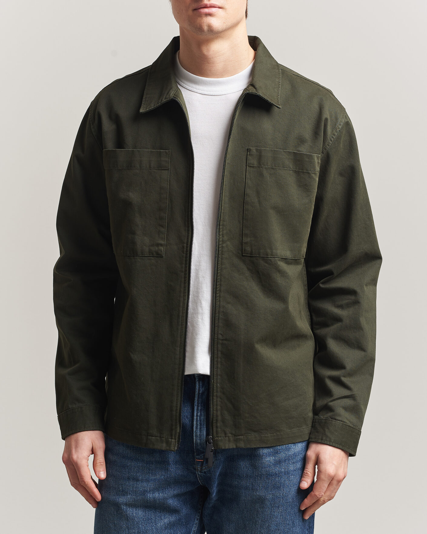 Uomini | Camicie | KnowledgeCotton Apparel | Cotton Twill Stretch Zip Overshirt Forest Night