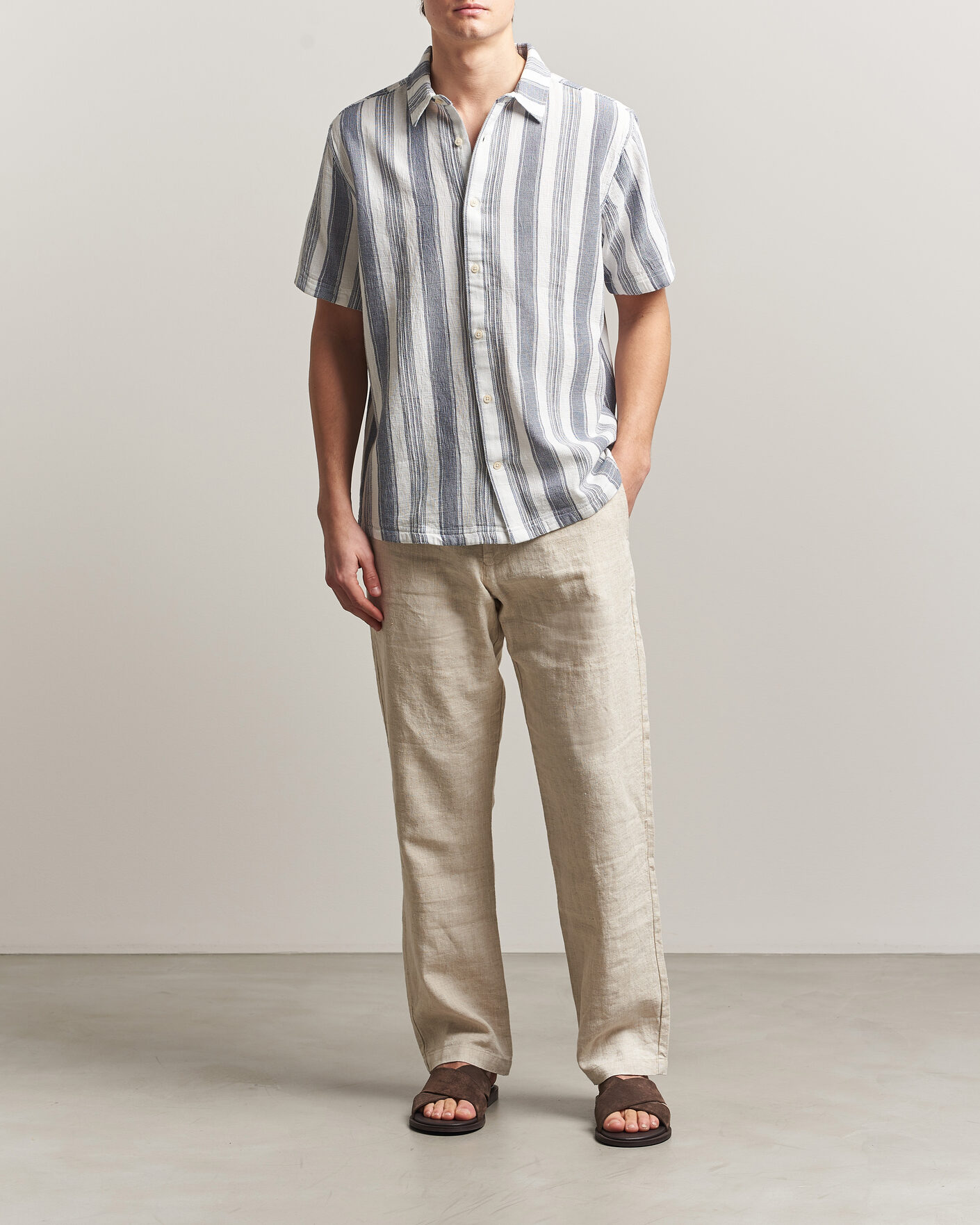 Uomini | Camicie | KnowledgeCotton Apparel | Box Short Sleeve Stripe Shirt Blue Stripe