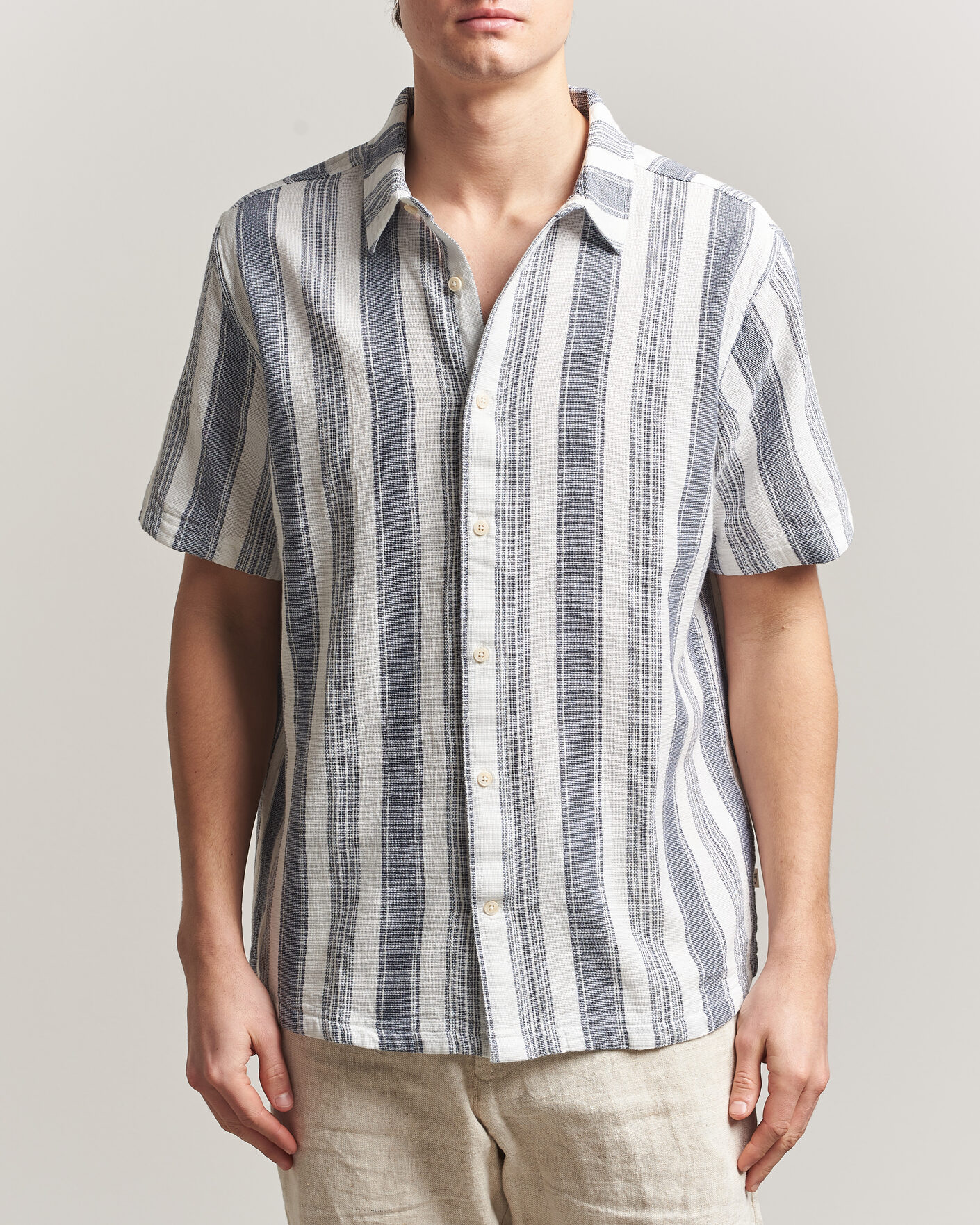 Uomini | Camicie | KnowledgeCotton Apparel | Box Short Sleeve Stripe Shirt Blue Stripe