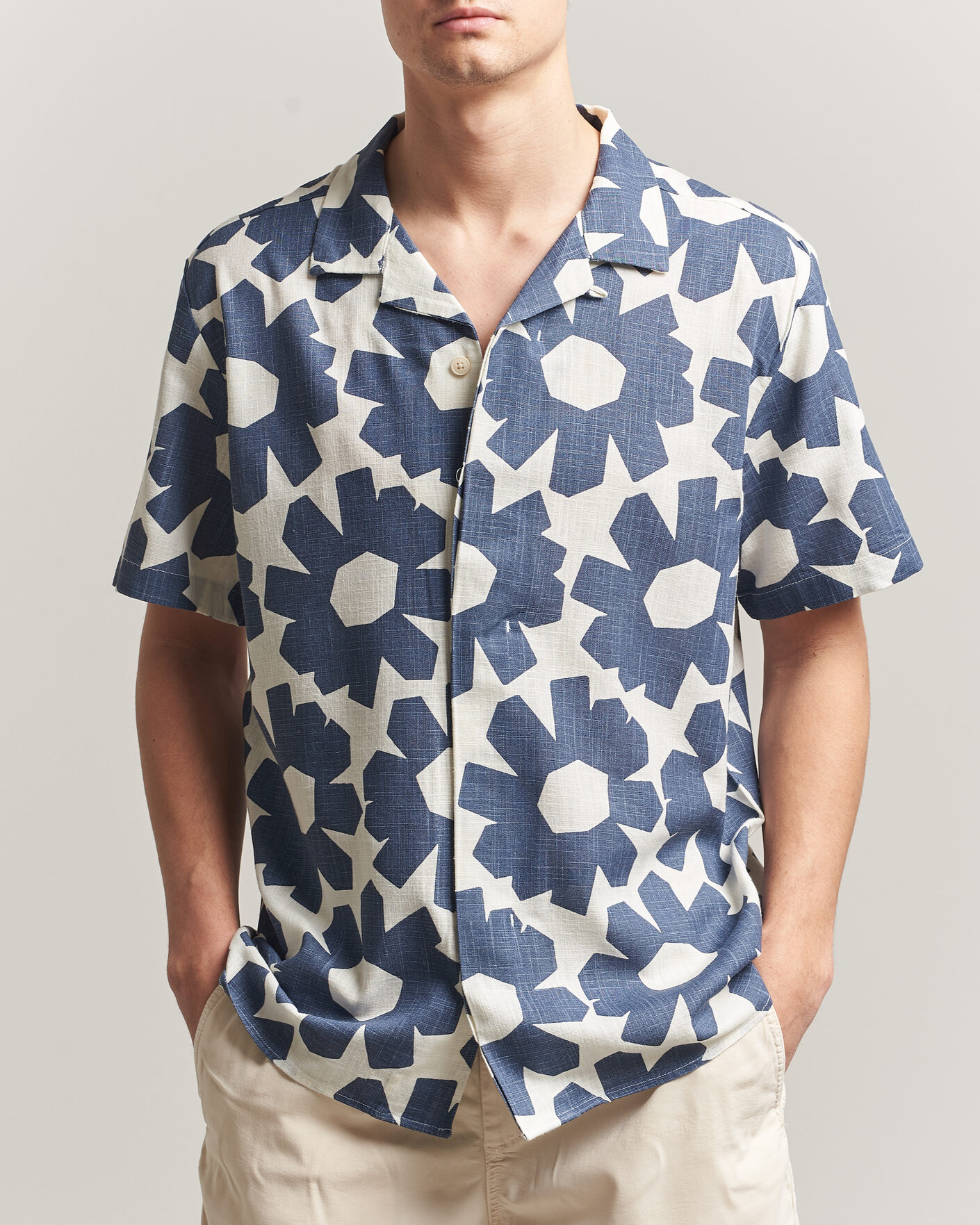Uomini | Camicie | KnowledgeCotton Apparel | Printed Linen Mix Shirt Blue