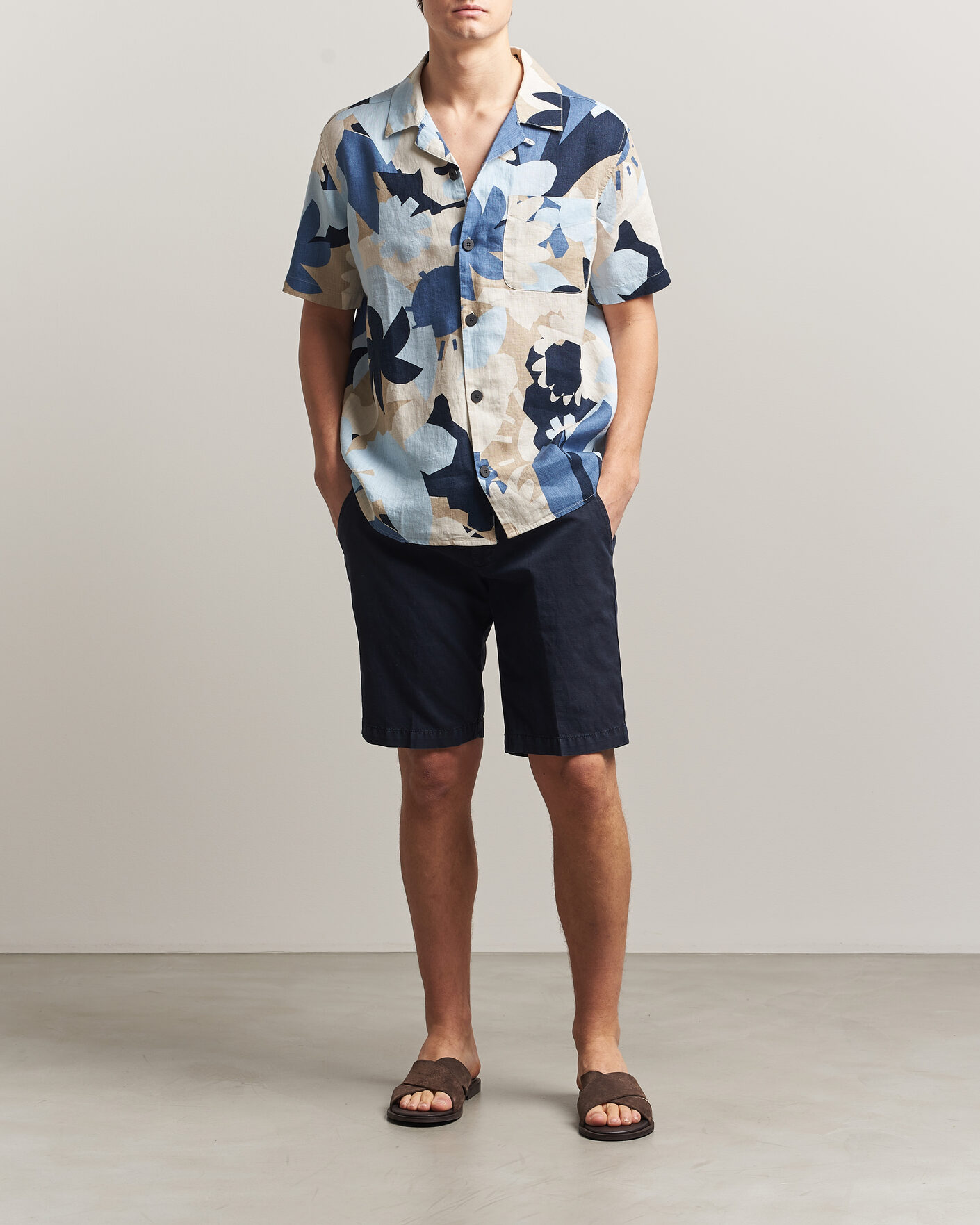 Uomini | Camicie | KnowledgeCotton Apparel | Relaxed Printed Linen Short Sleeve Shirt Blue