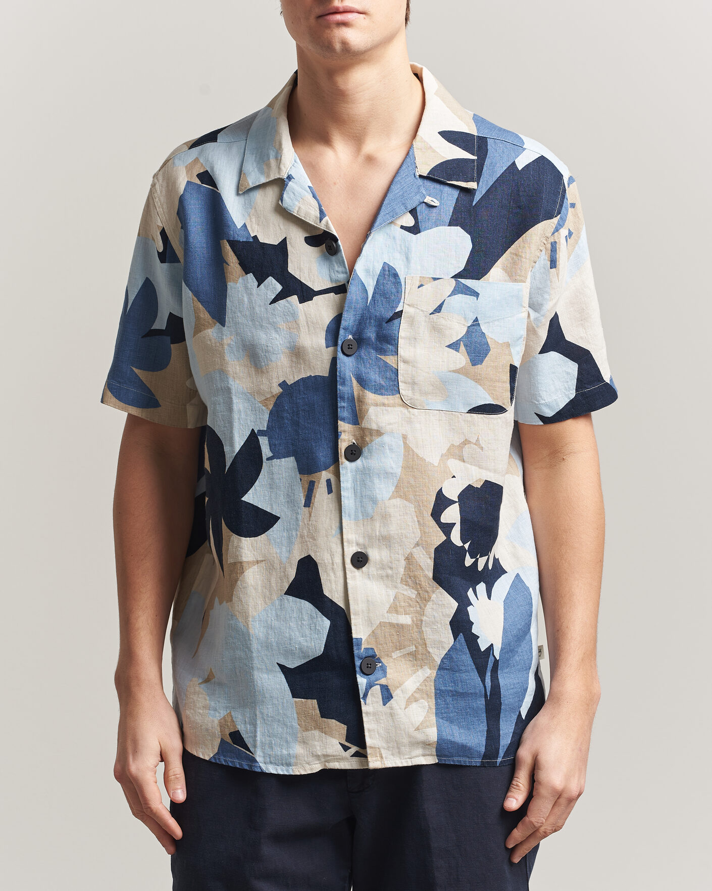 Uomini | Camicie | KnowledgeCotton Apparel | Relaxed Printed Linen Short Sleeve Shirt Blue