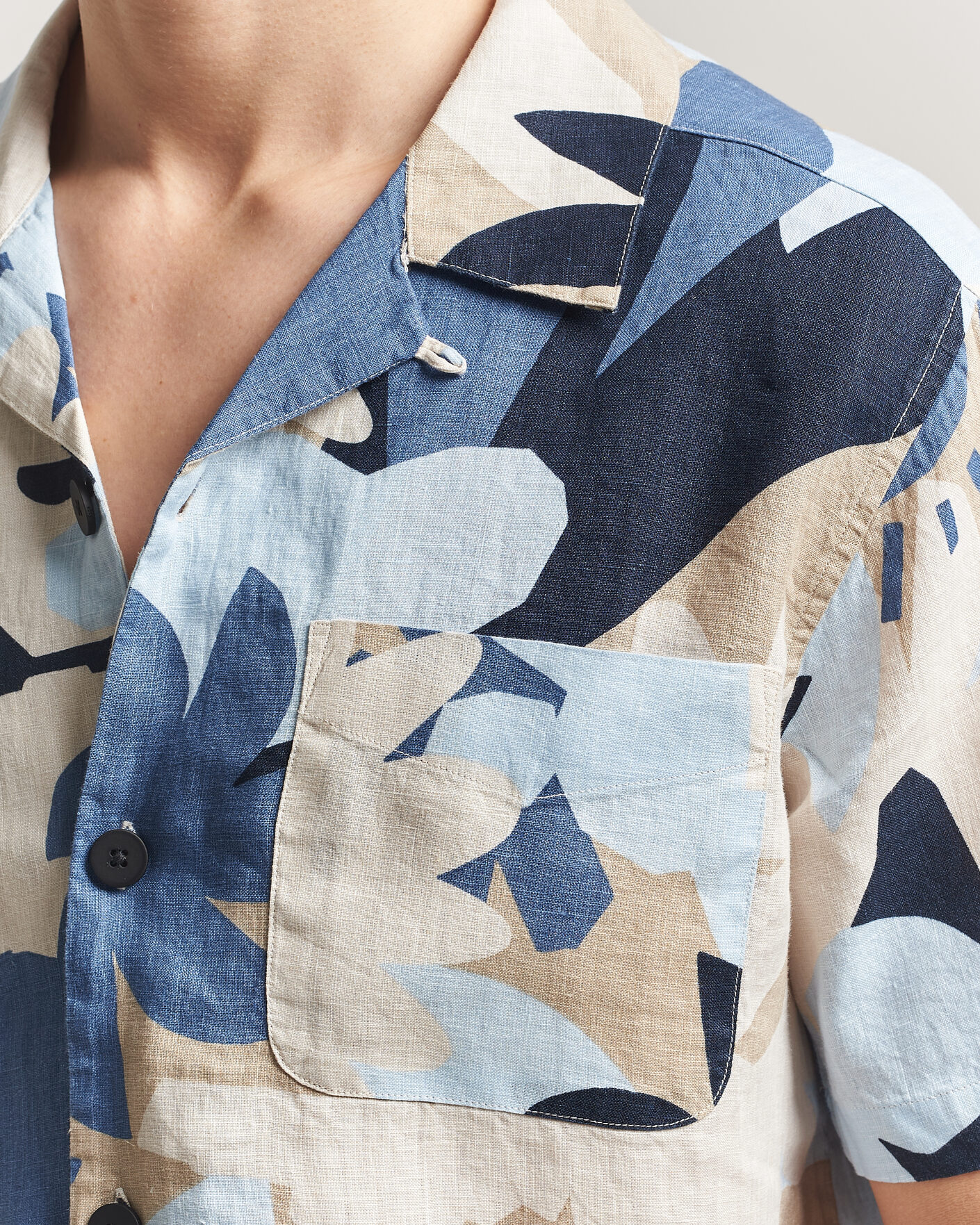 Uomini | Camicie | KnowledgeCotton Apparel | Relaxed Printed Linen Short Sleeve Shirt Blue