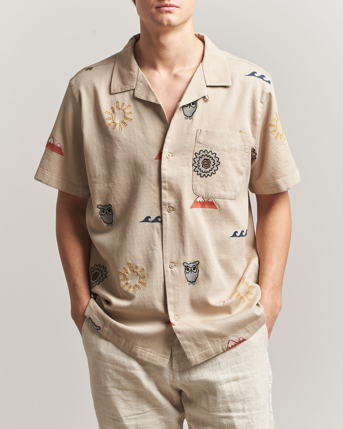 Uomini | Camicie | KnowledgeCotton Apparel | Relaxed Embroidery Shirt Light Feather Grey