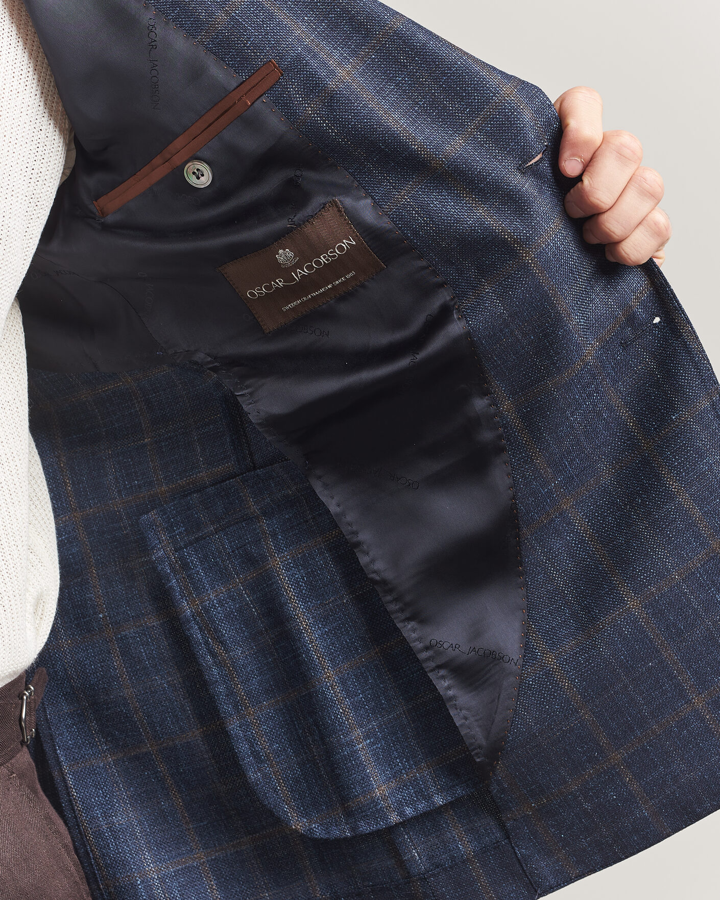 Uomini | Blazers | Oscar Jacobson | Ferry Patch Loro Piana Summertime Checked Blazer Navy