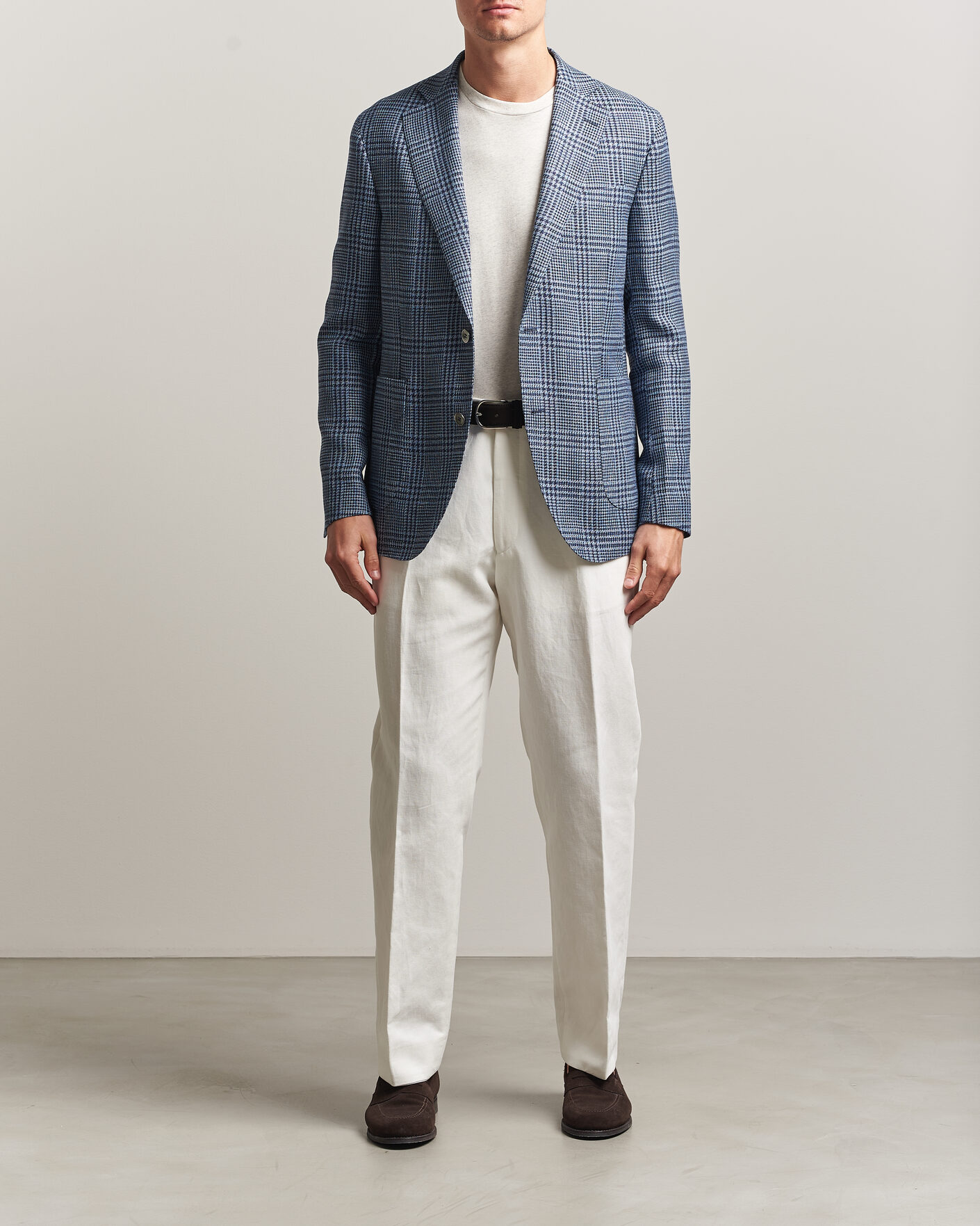 Uomini | Blazers | Oscar Jacobson | Ferry Patch Soft Checked Linen/Wool Blazer Blue
