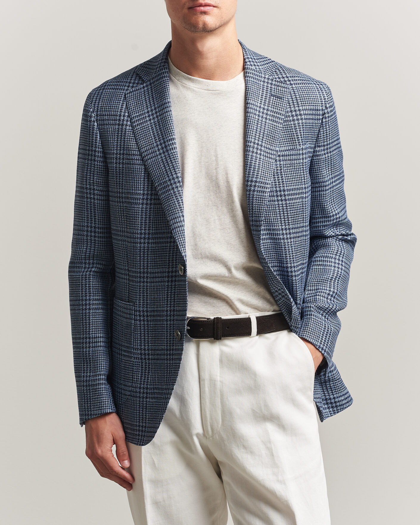 Uomini | Blazers | Oscar Jacobson | Ferry Patch Soft Checked Linen/Wool Blazer Blue