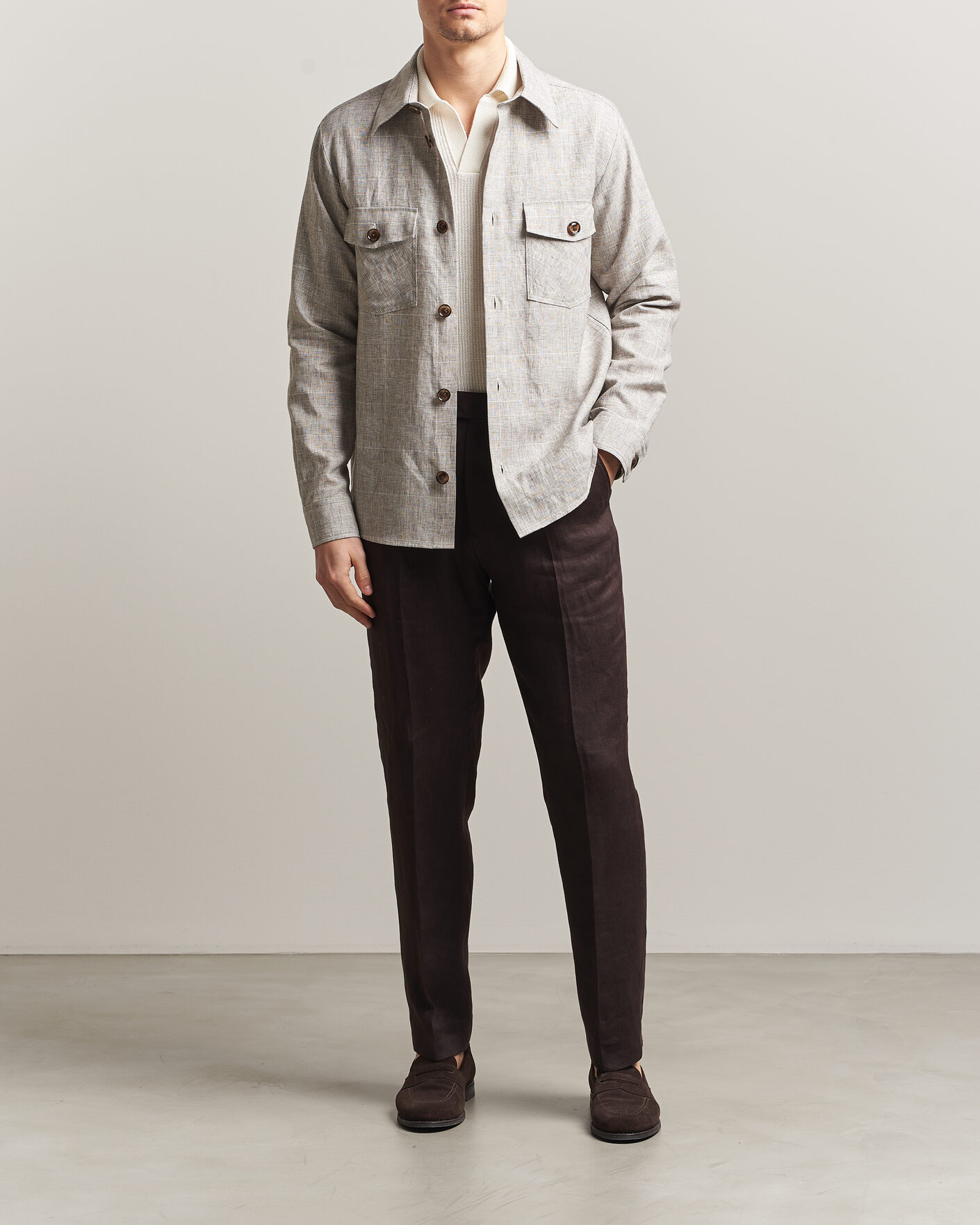 Uomini | Camicie | Oscar Jacobson | Magnus Checked Linen Overshirt Beige