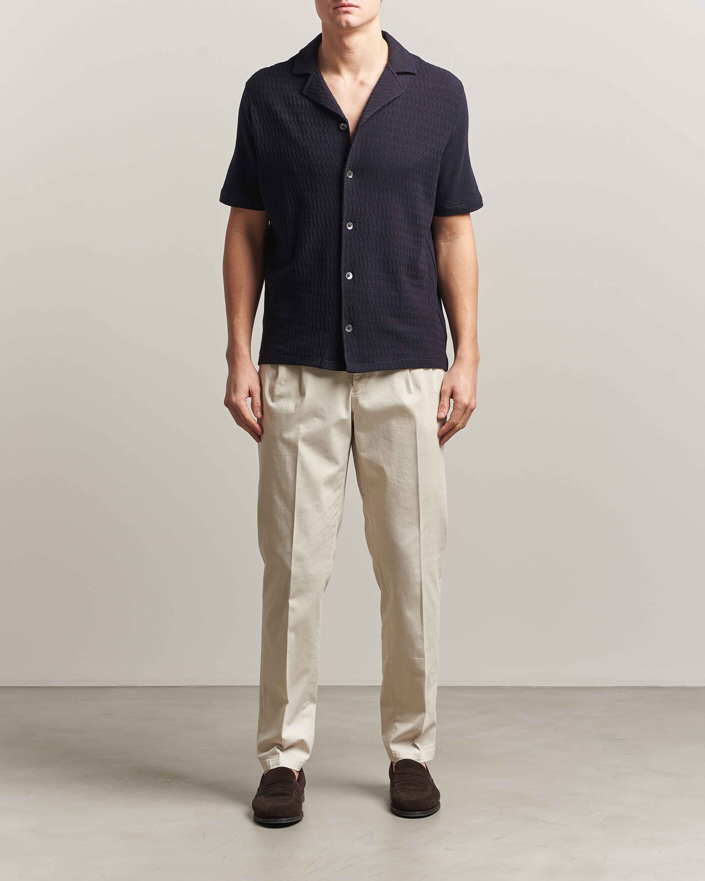 Uomini | Camicie | Oscar Jacobson | Kirk Knitted Short Sleeve Shirt Navy