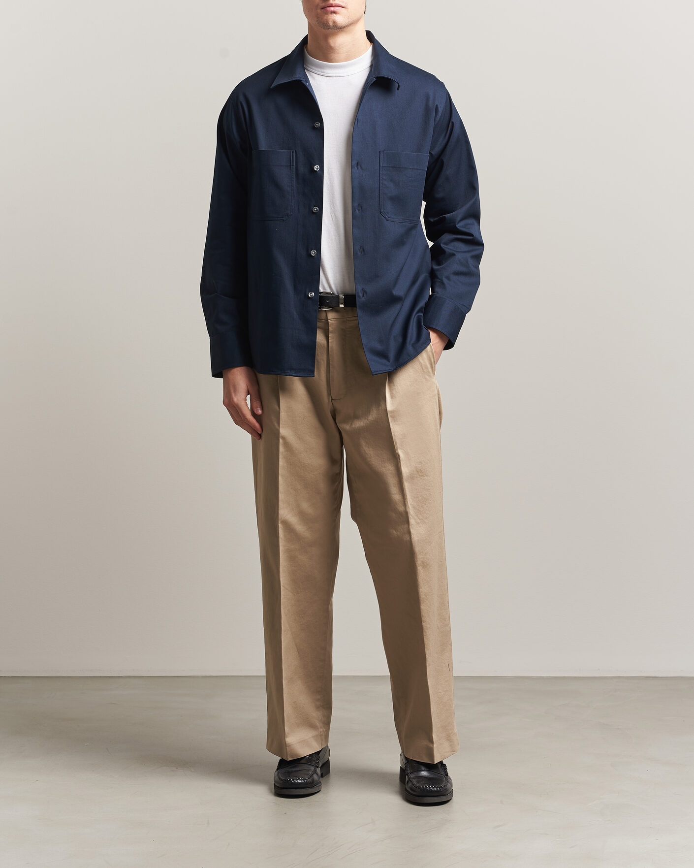 Uomini | Camicie | Oscar Jacobson | Straight Fit Bowling Collar Cotton Shirt Navy