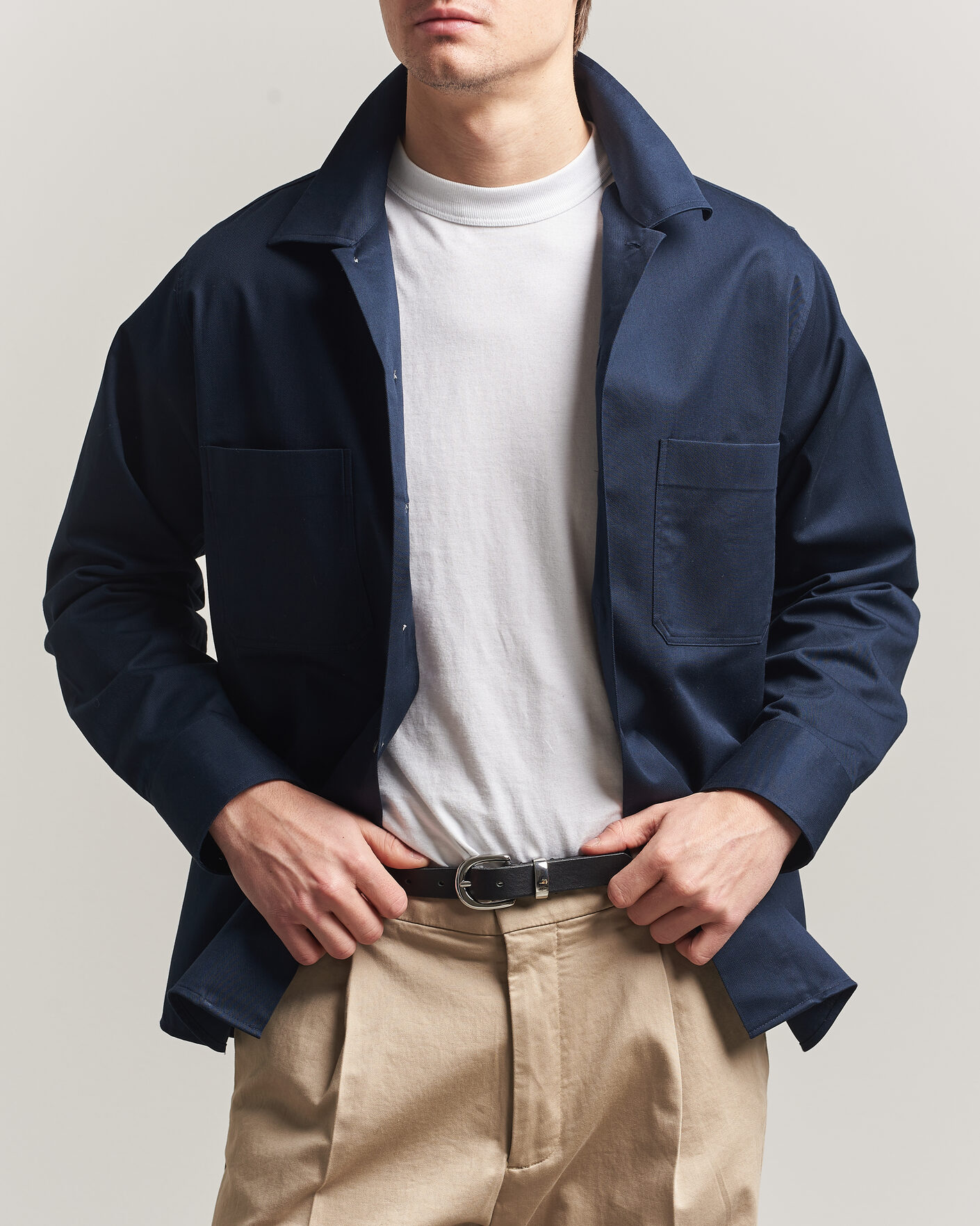 Uomini | Camicie | Oscar Jacobson | Straight Fit Bowling Collar Cotton Shirt Navy