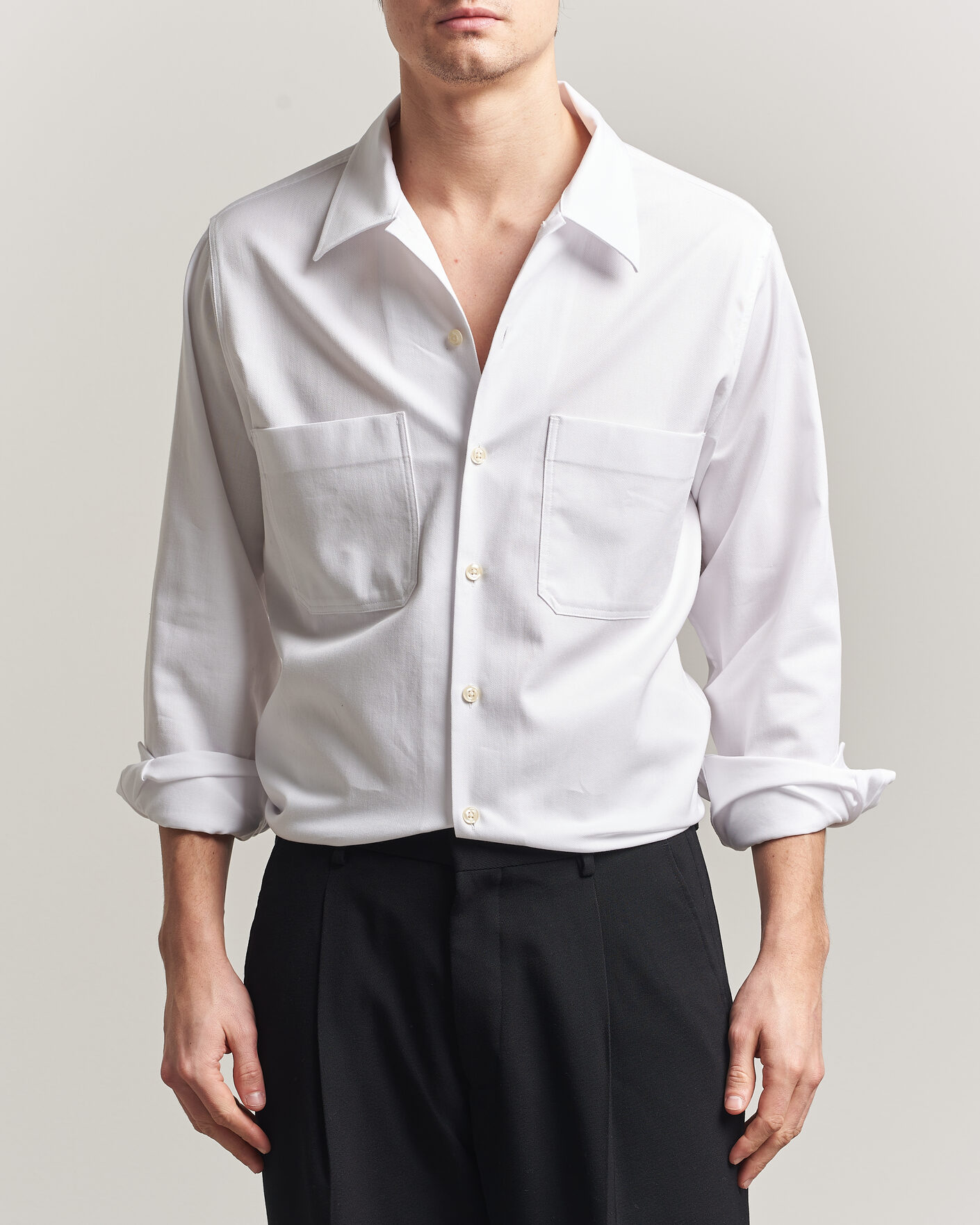 Uomini | Camicie | Oscar Jacobson | Straight Fit Bowling Collar Cotton Shirt White