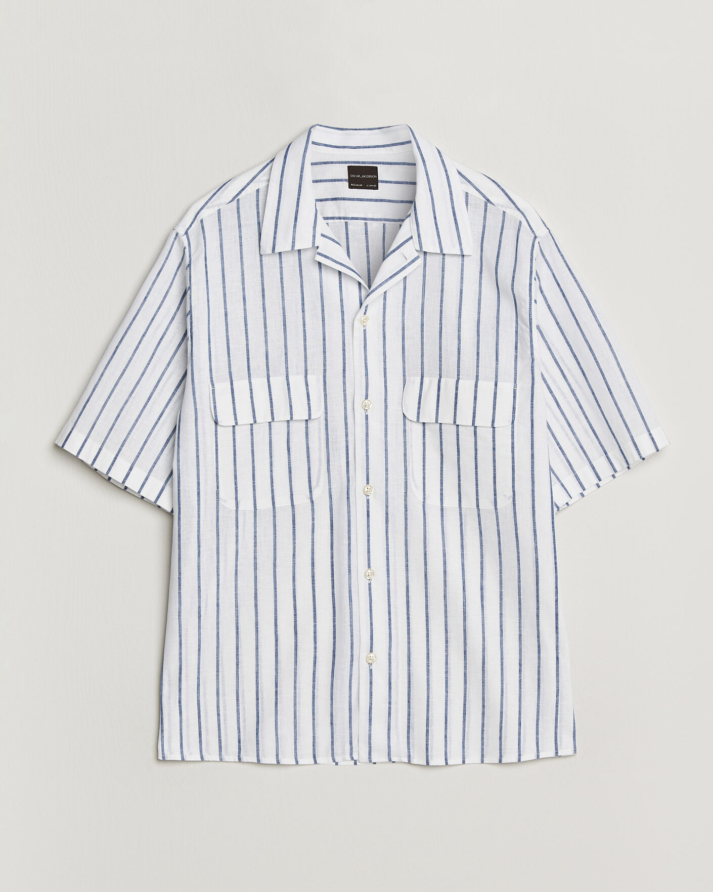Uomini | Camicie | Oscar Jacobson | Striped Short Sleeve Linen Shirt Navy/White