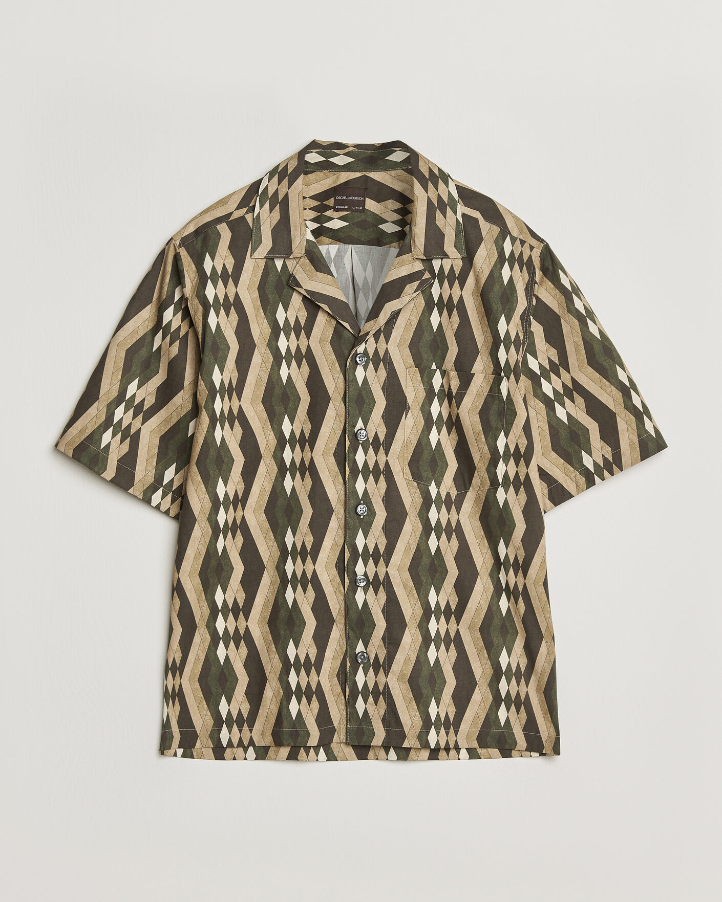 Uomini | Camicie | Oscar Jacobson | Reg Fit Cuban Printed Short Sleeve Shirt Olive