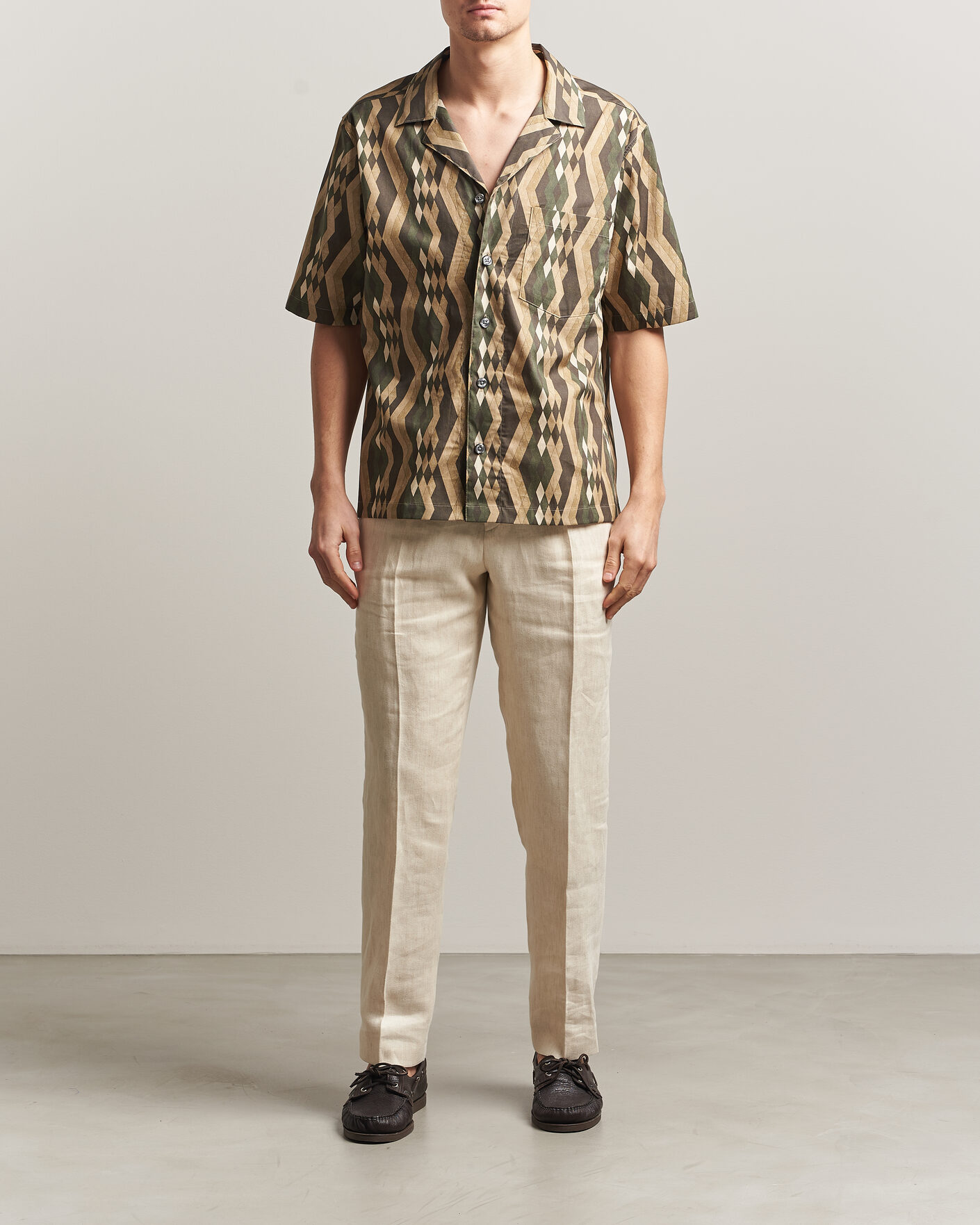 Uomini | Camicie | Oscar Jacobson | Reg Fit Cuban Printed Short Sleeve Shirt Olive