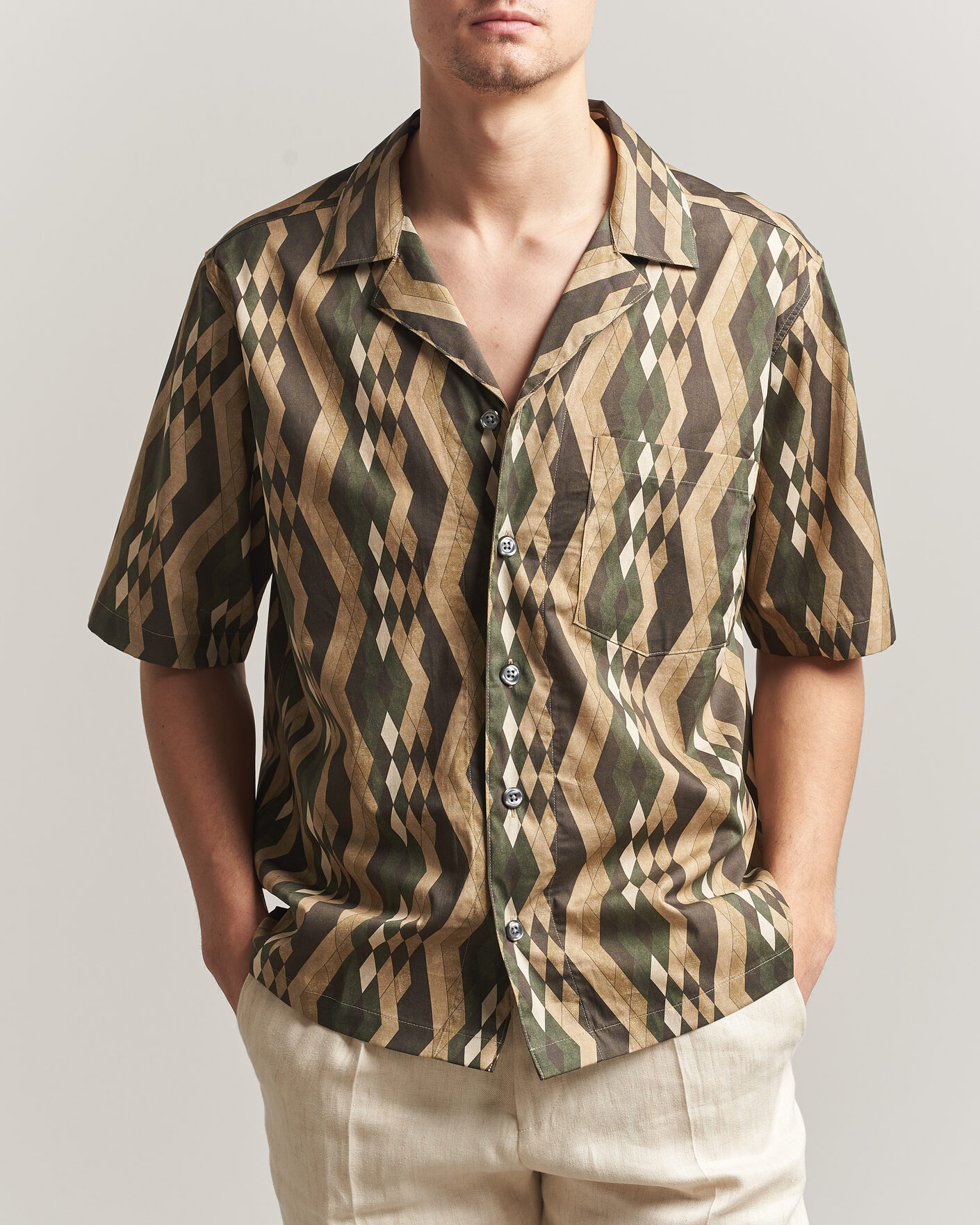 Uomini | Camicie | Oscar Jacobson | Reg Fit Cuban Printed Short Sleeve Shirt Olive