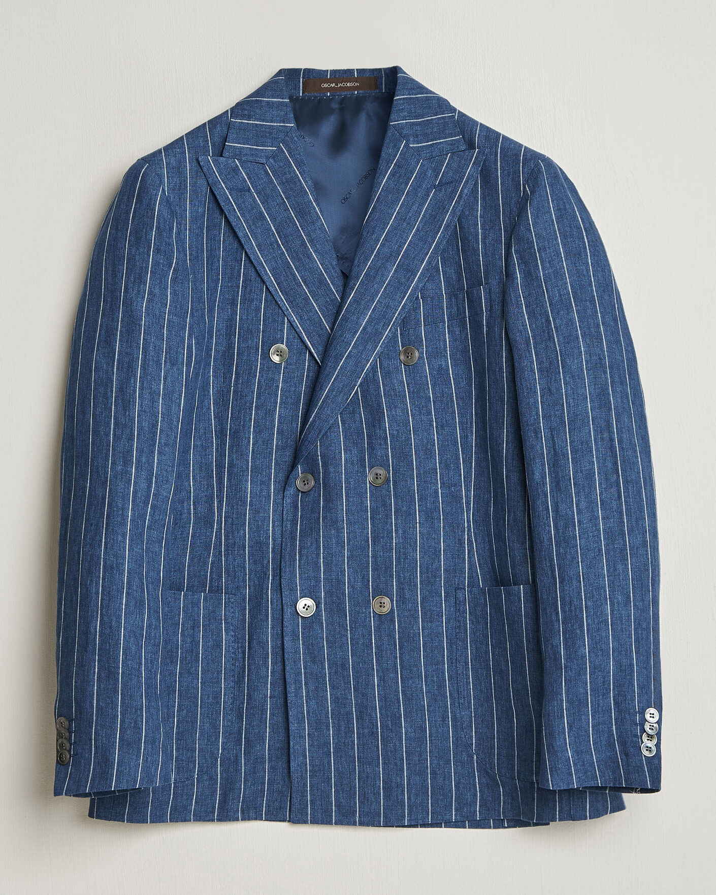 Uomini | Blazers | Oscar Jacobson | Farrys Patch Striped Linen Blazer Blue