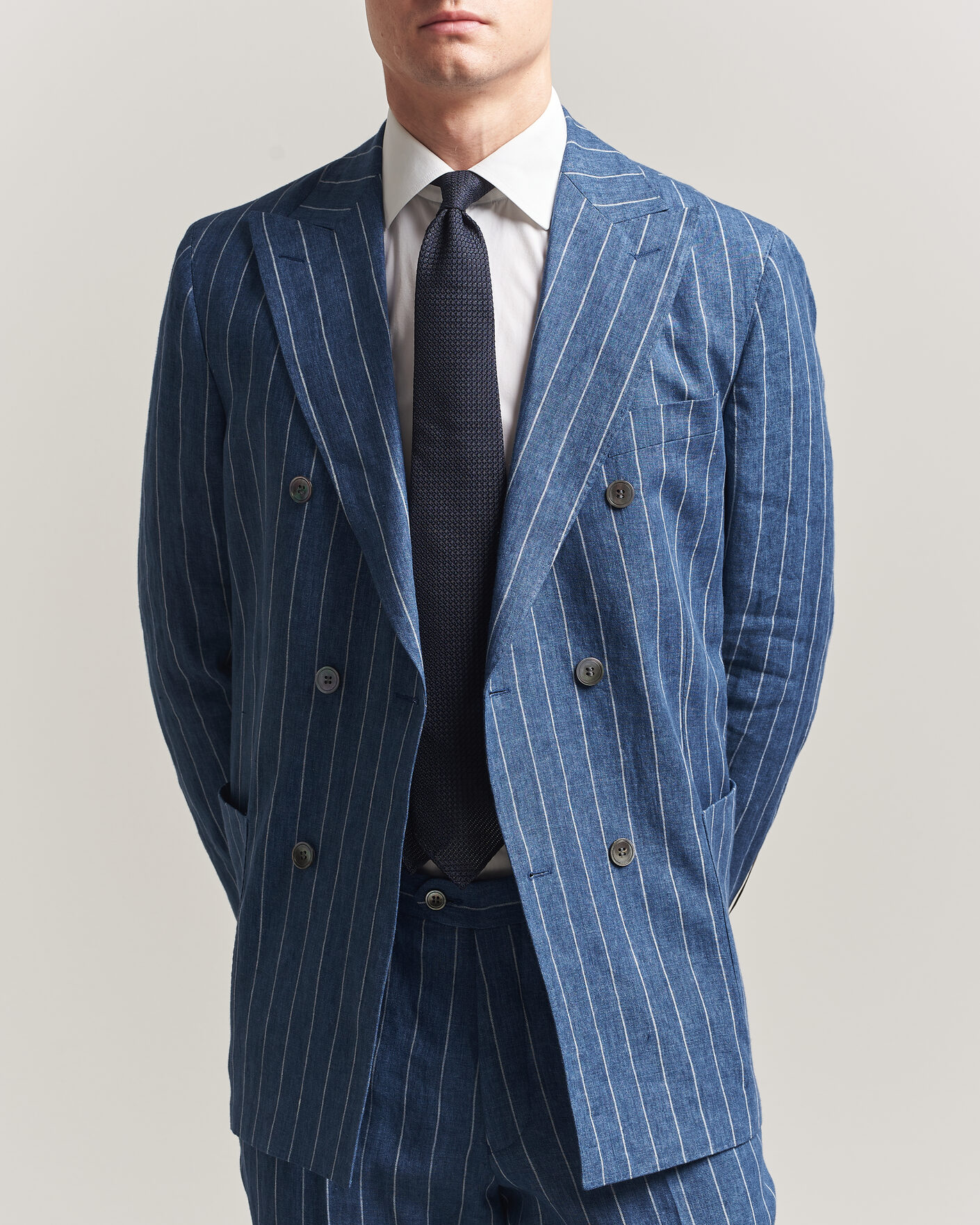 Uomini | Blazers | Oscar Jacobson | Farrys Patch Striped Linen Blazer Blue