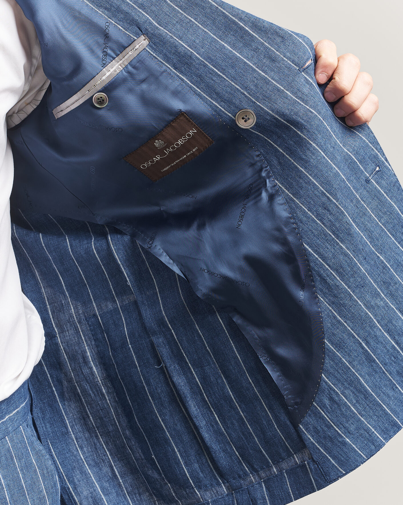 Uomini | Blazers | Oscar Jacobson | Farrys Patch Striped Linen Blazer Blue