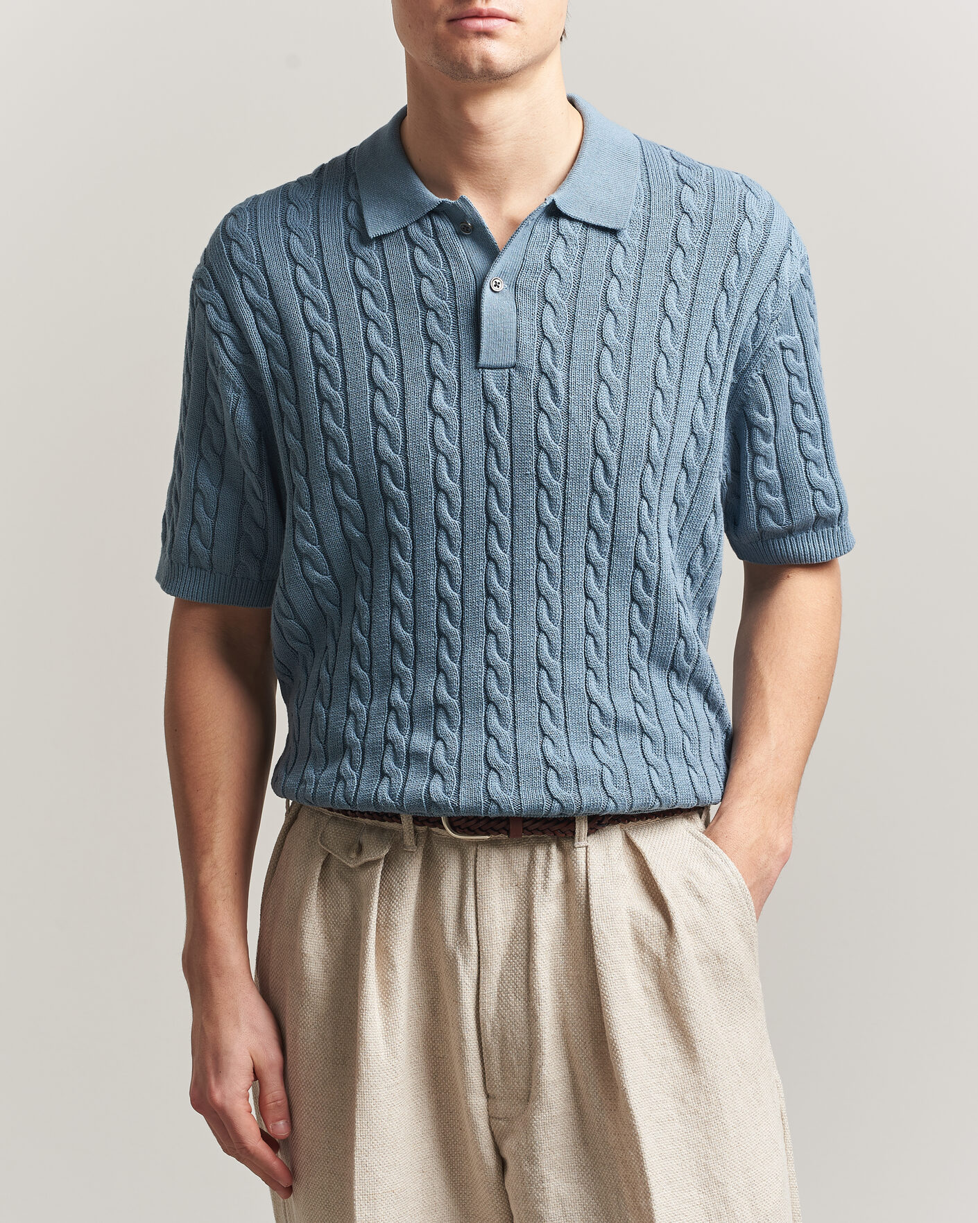 Uomini | Polo | BEAMS PLUS | Short Sleeve Cable Polo Blue