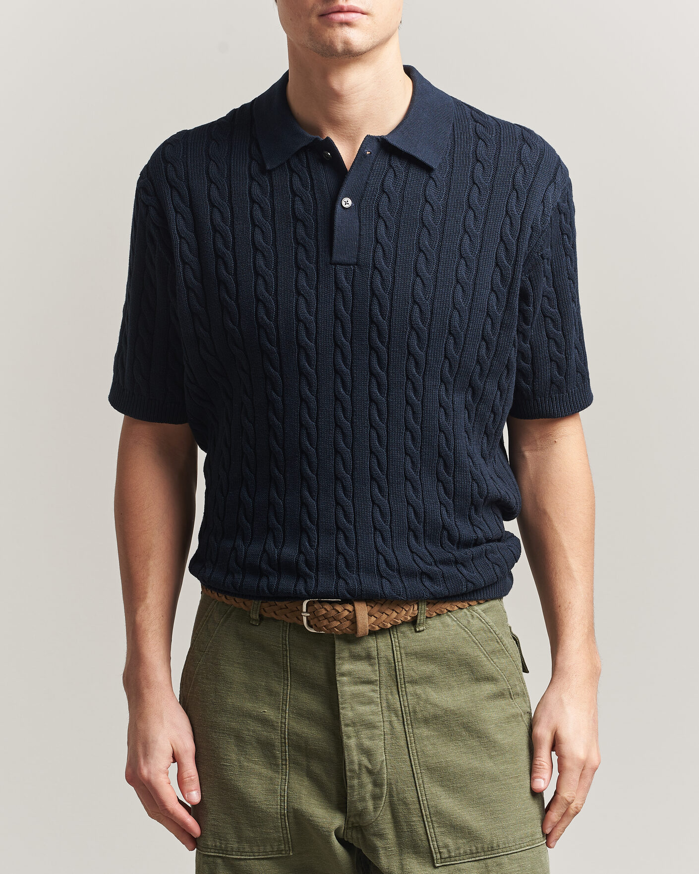 Uomini | Polo | BEAMS PLUS | Short Sleeve Cable Polo Navy