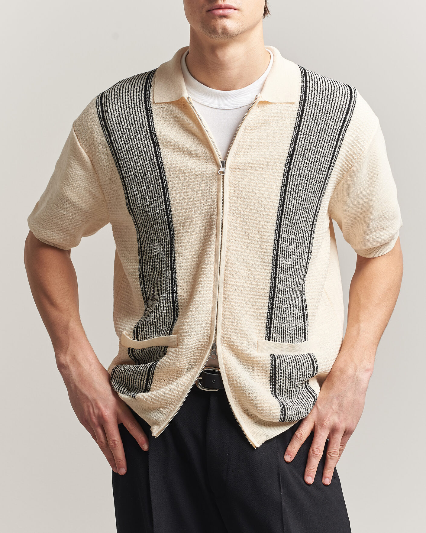 Uomini | Polo | BEAMS PLUS | Zip Knit Striped Polo Off White