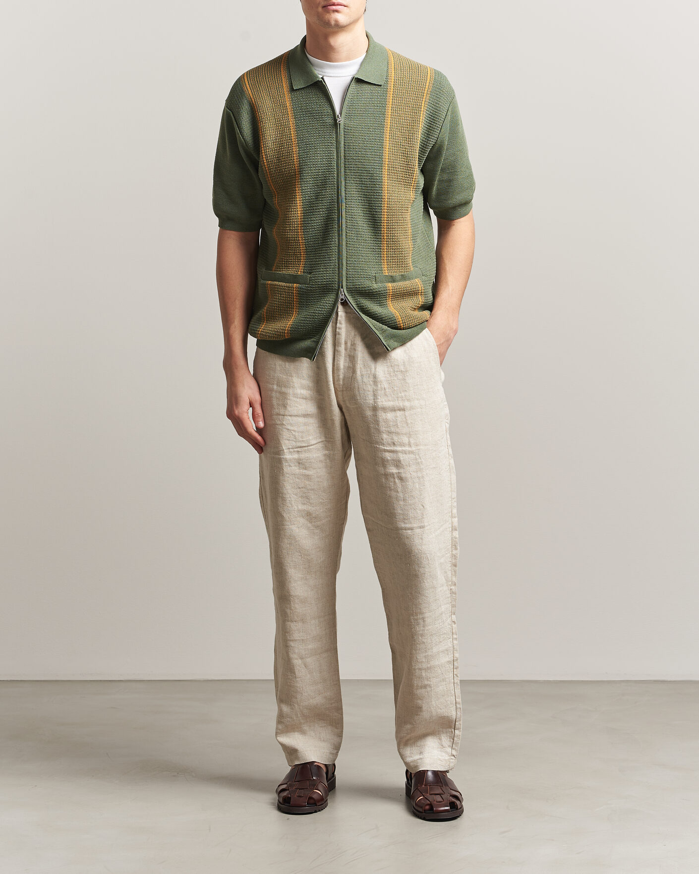 Uomini | Polo | BEAMS PLUS | Zip Knit Striped Polo Olive