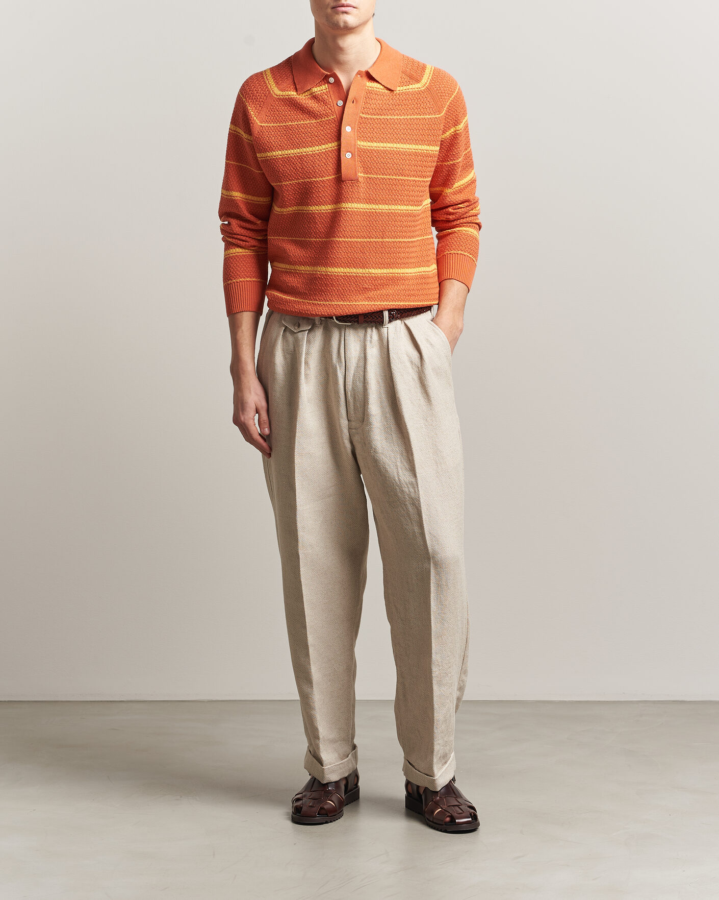 Uomini | Polo | BEAMS PLUS | Long Sleeve Knit Polo Orange Stripe
