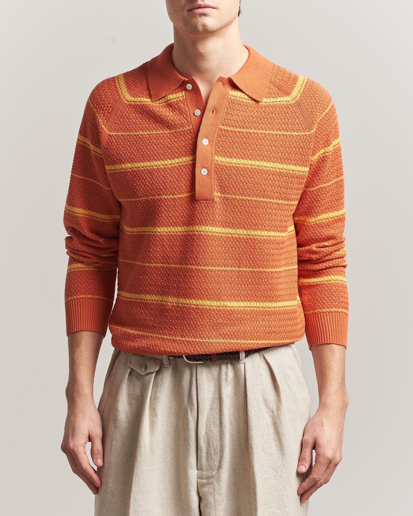Uomini | Polo | BEAMS PLUS | Long Sleeve Knit Polo Orange Stripe