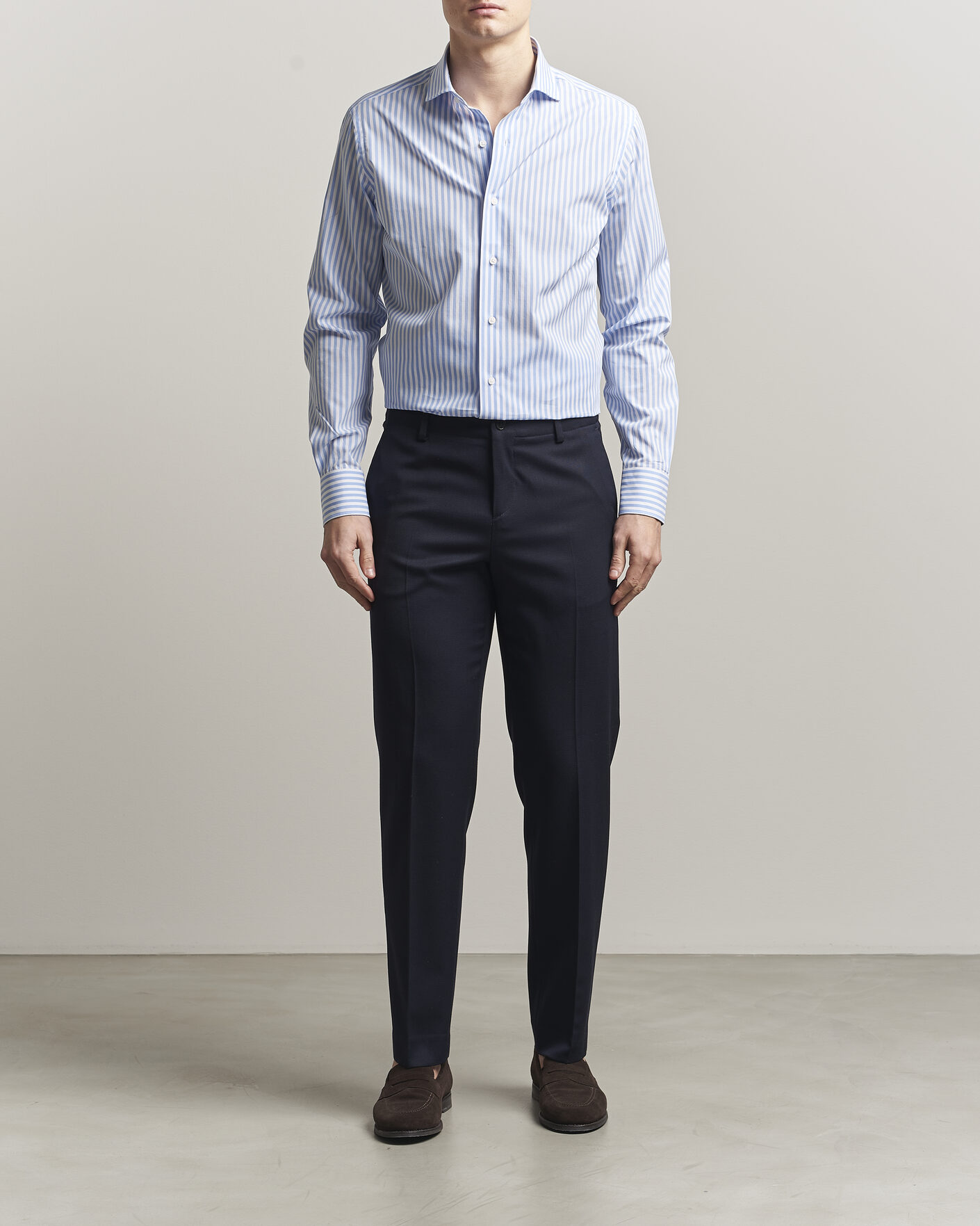 Uomini | Camicie | Grigio | Cotton Poplin Dress Shirt Light Blue Stripe