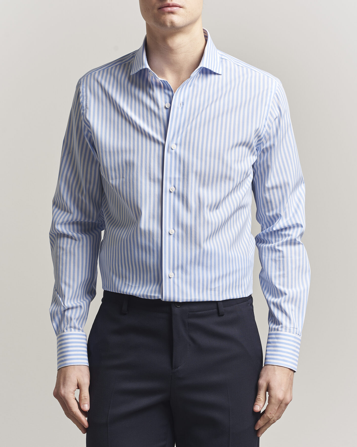 Uomini | Camicie | Grigio | Cotton Poplin Dress Shirt Light Blue Stripe