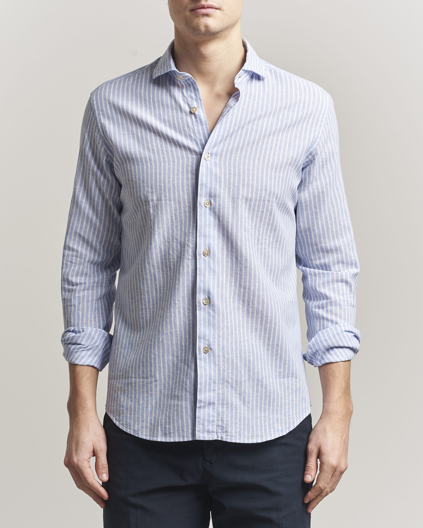 Uomini | Camicie | Grigio | Washed Cotton/Linen Shirt Blue Stripe