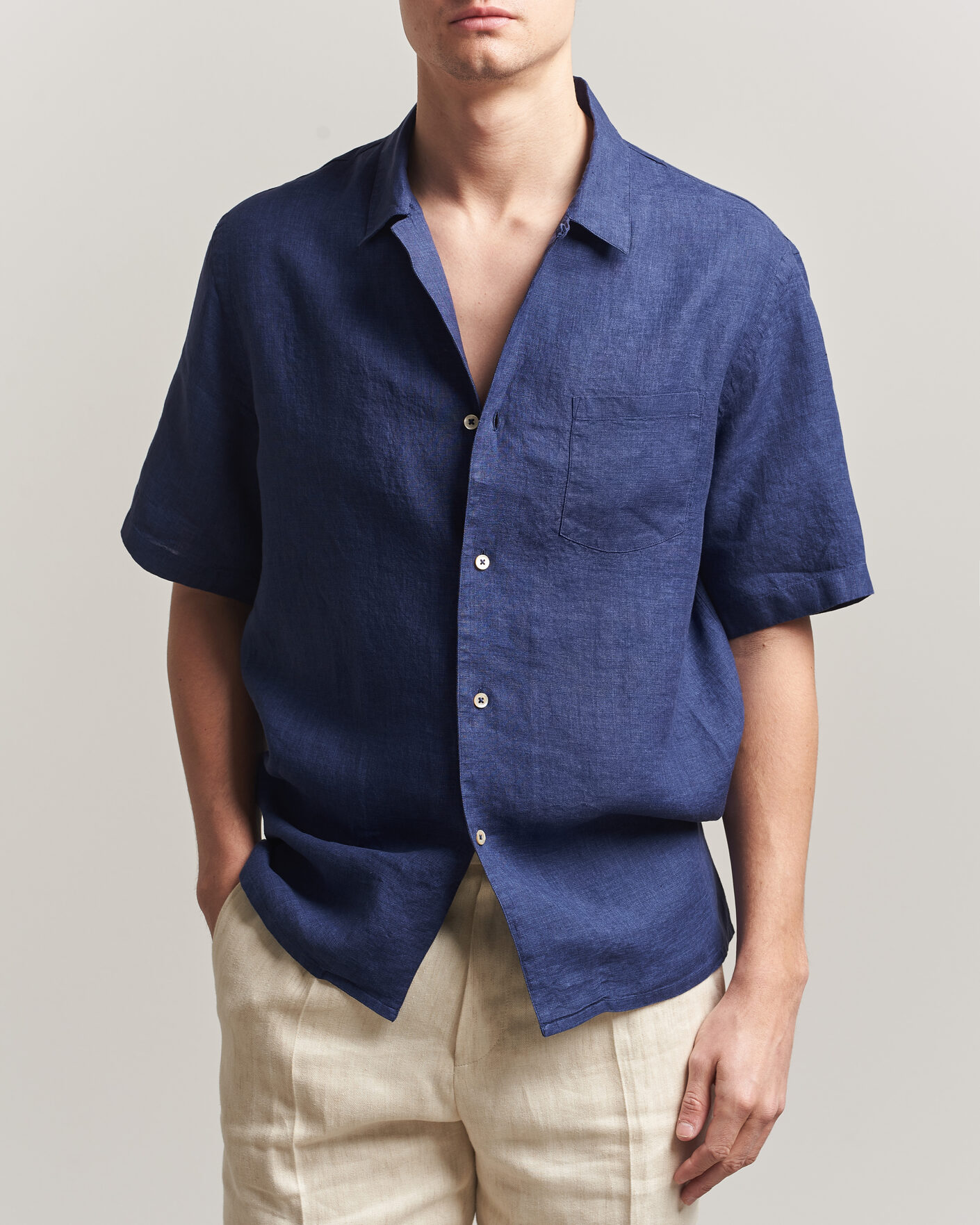 Uomini | Camicie | Grigio | Linen Camp Collar Shirt Navy