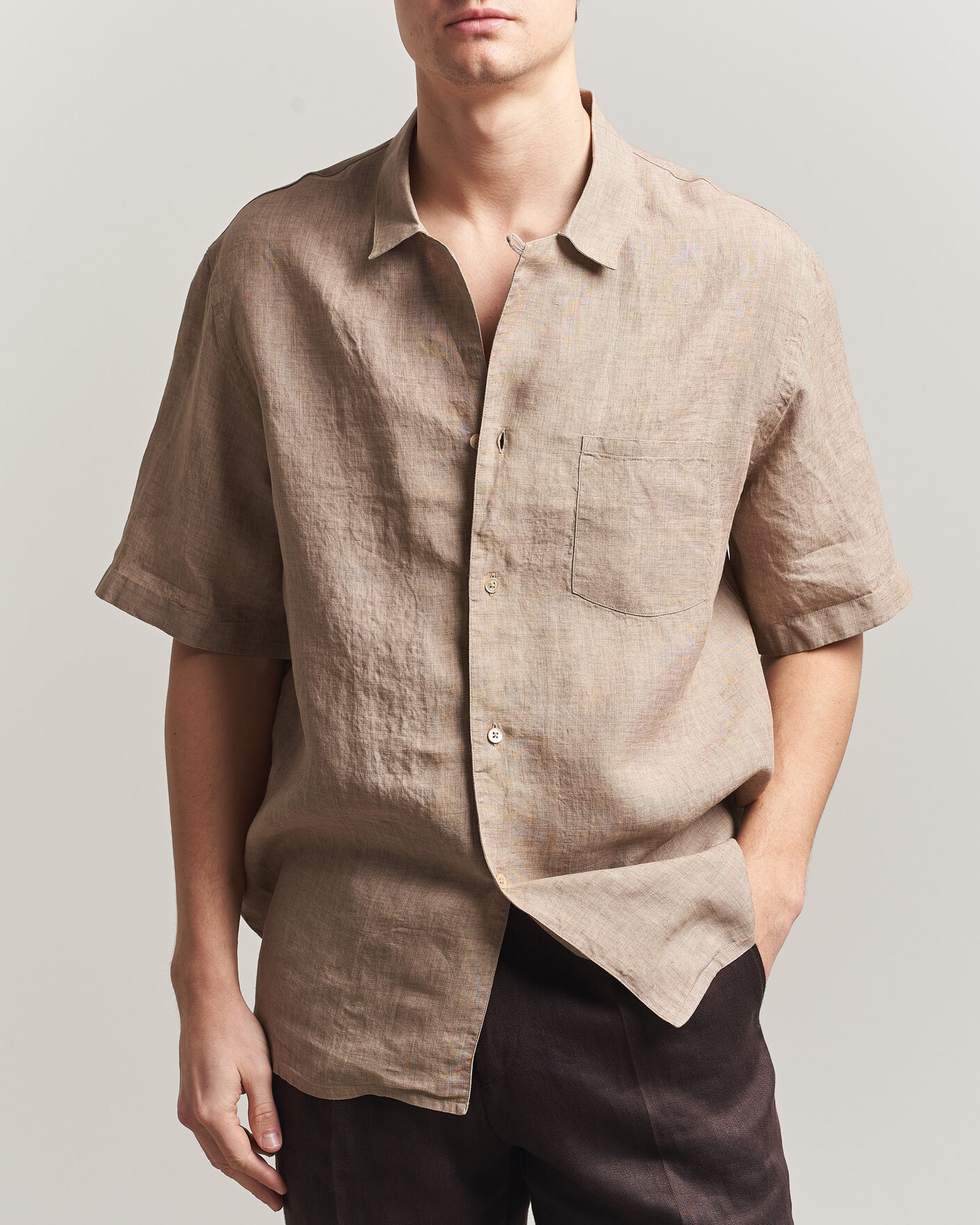 Uomini | Camicie | Grigio | Linen Camp Collar Shirt Brown