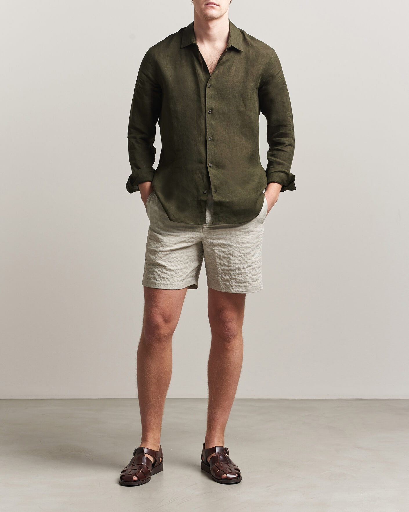 Uomini | Camicie | Orlebar Brown | Giles Linen Stiched Shirt Bayleaf Green