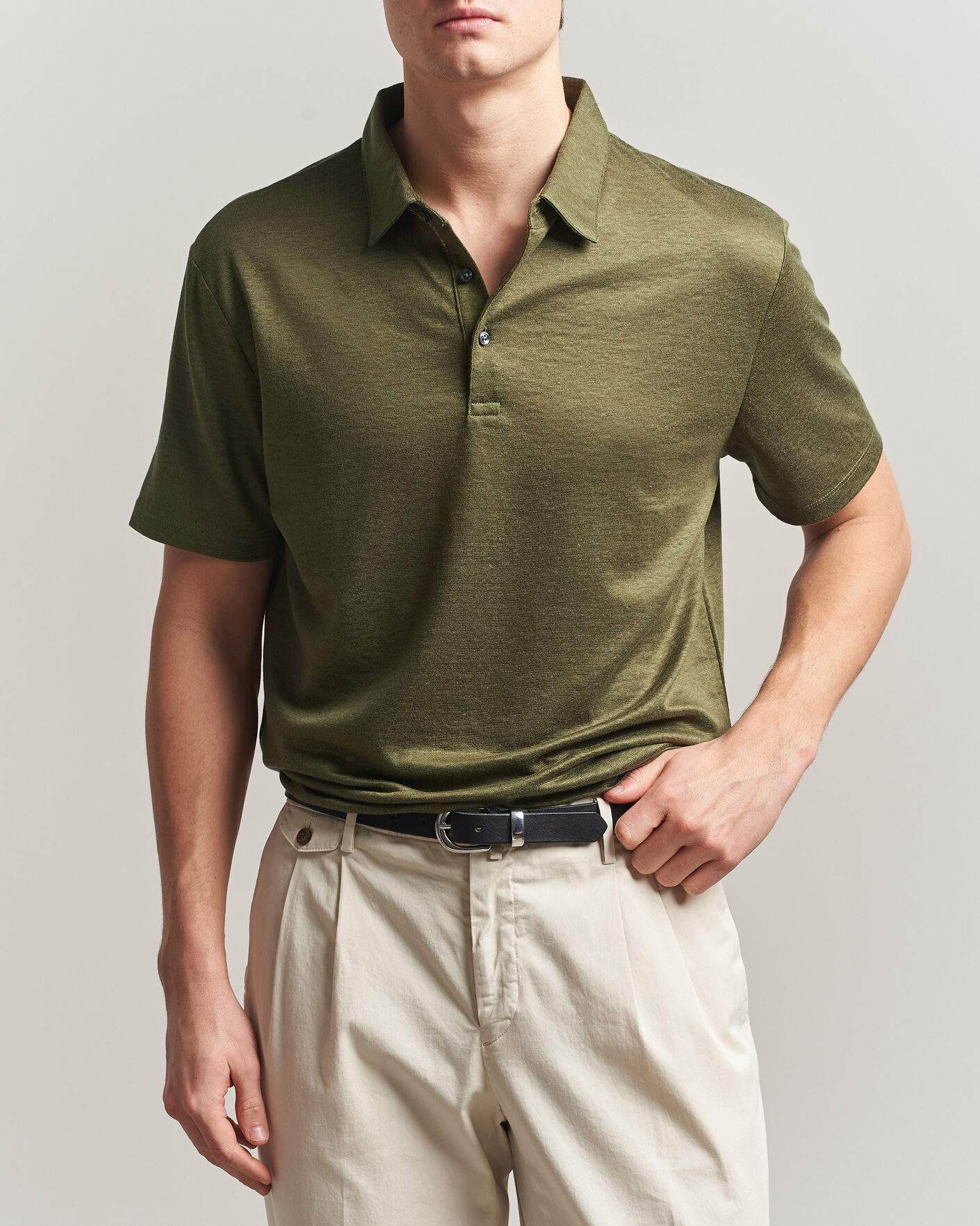 Uomini | Polo | Charles Tyrwhitt | Short Sleeve Linen Polo Olive