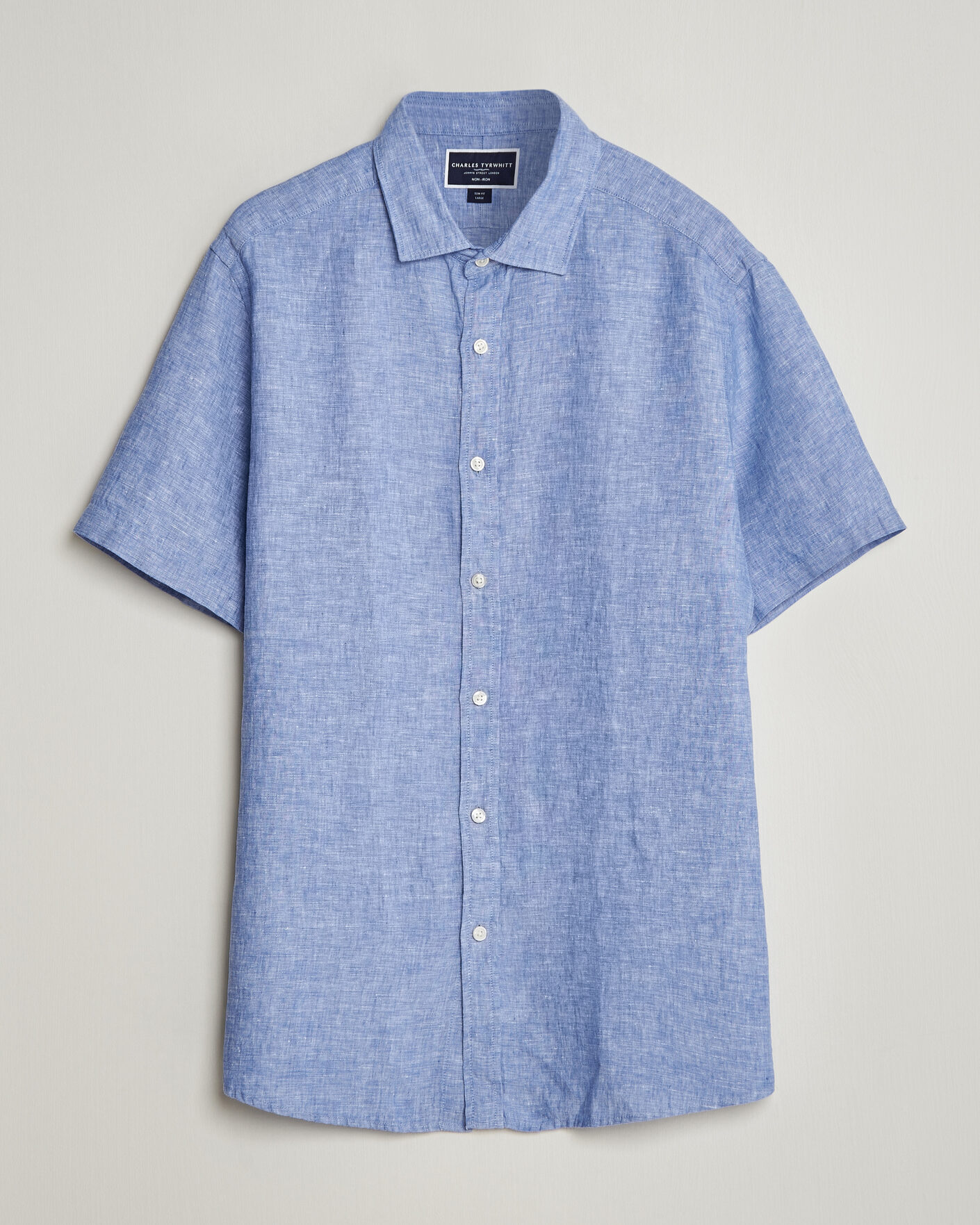 Uomini | Camicie | Charles Tyrwhitt | Pure Linen Short Sleeve Slim Fit Shirt Cornflower Blue