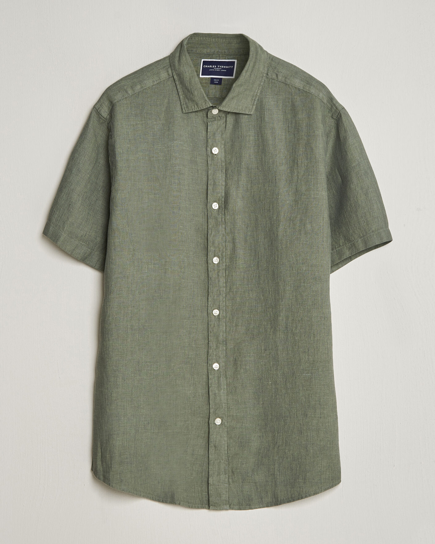 Uomini | Camicie | Charles Tyrwhitt | Pure Linen Short Sleeve Slim Fit Shirt Olive